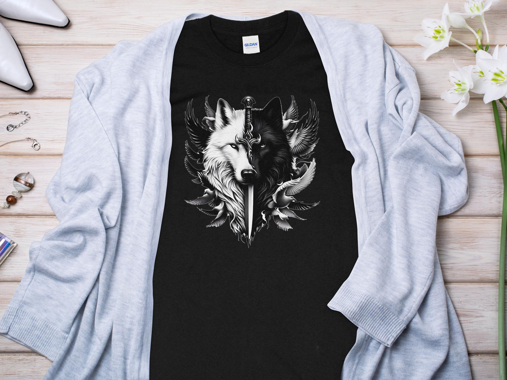 Wolf x Doves - Black White Gildan Long Sleeve Realistic Animal Talisman Unisex Tee Graphic Design