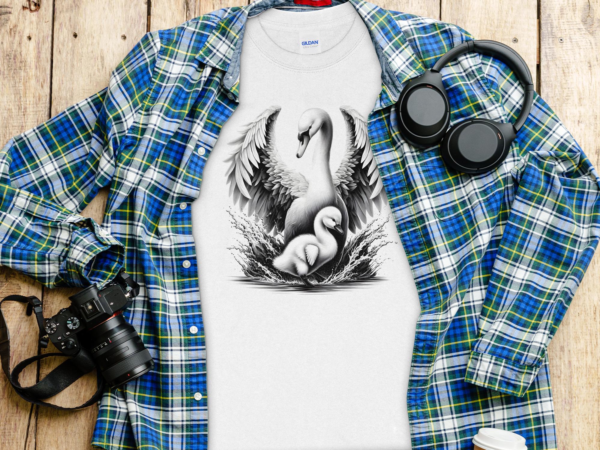 Swan & Cygnet- Black White Gildan Long Sleeve Realistic Family Talisman Unisex Tee Graphic Design