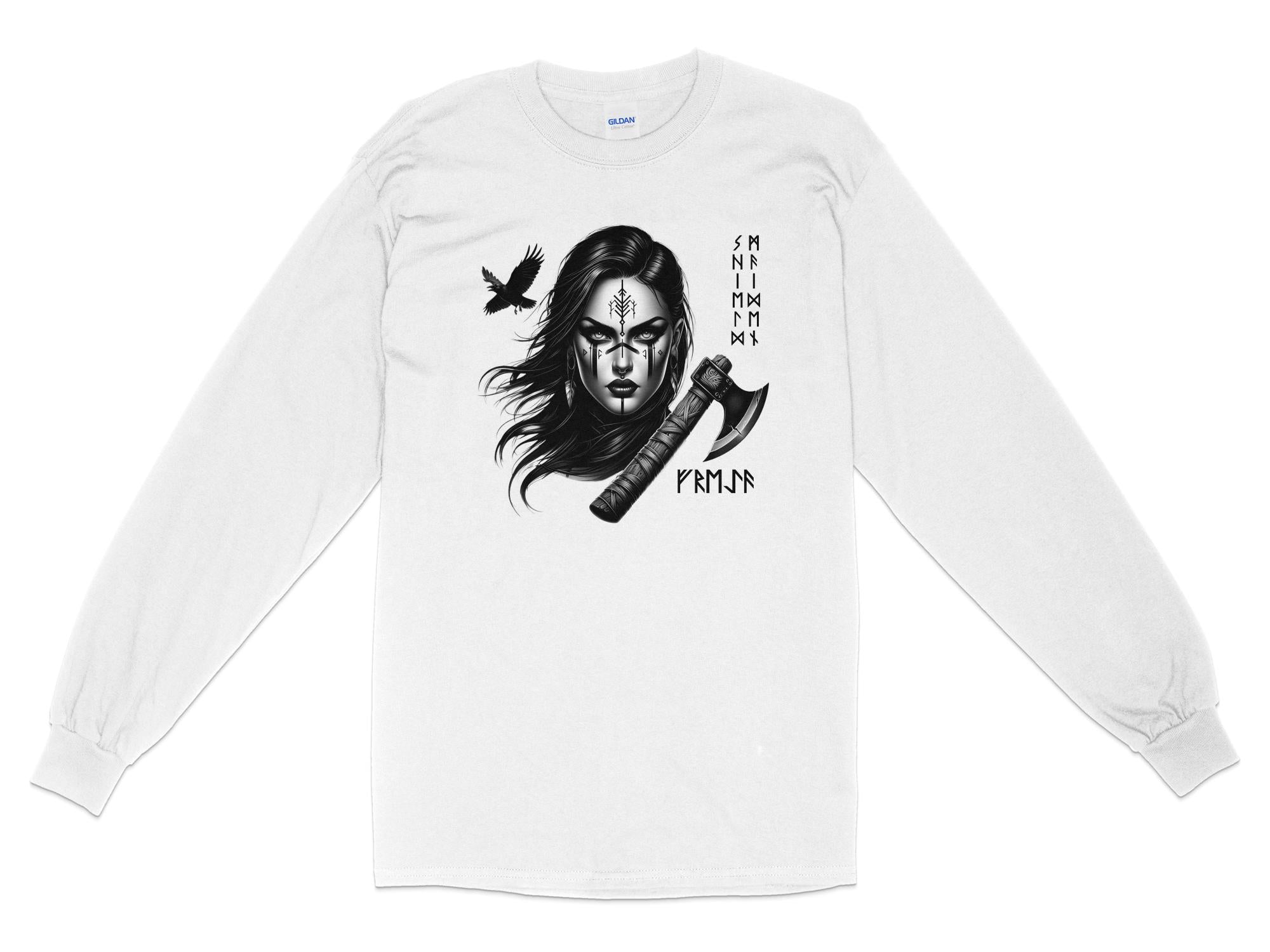 Viking Shield Maiden - Coloured Gildan Long Sleeve Realistic Norse Talisman Men Women Unisex Valhalla Tee Graphic Design