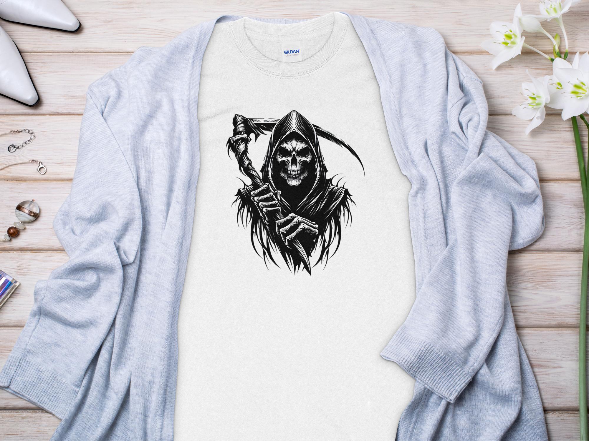 Grim Reaper - Black White Gildan Long Sleeve Commemorative Talisman Unisex Tee Graphic Design