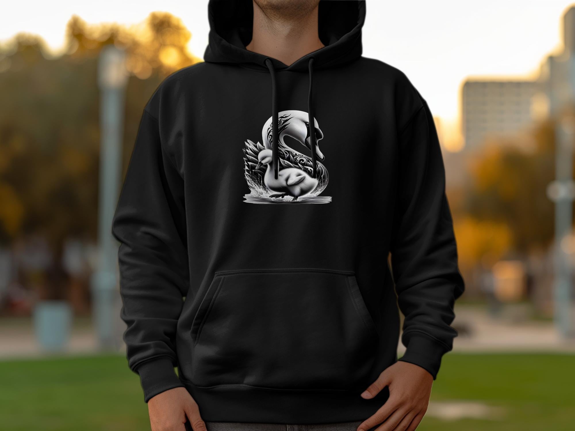 Swan & Cygnet- Black White Gildan Hoodie Realistic Family Talisman Unisex Tee Graphic Design