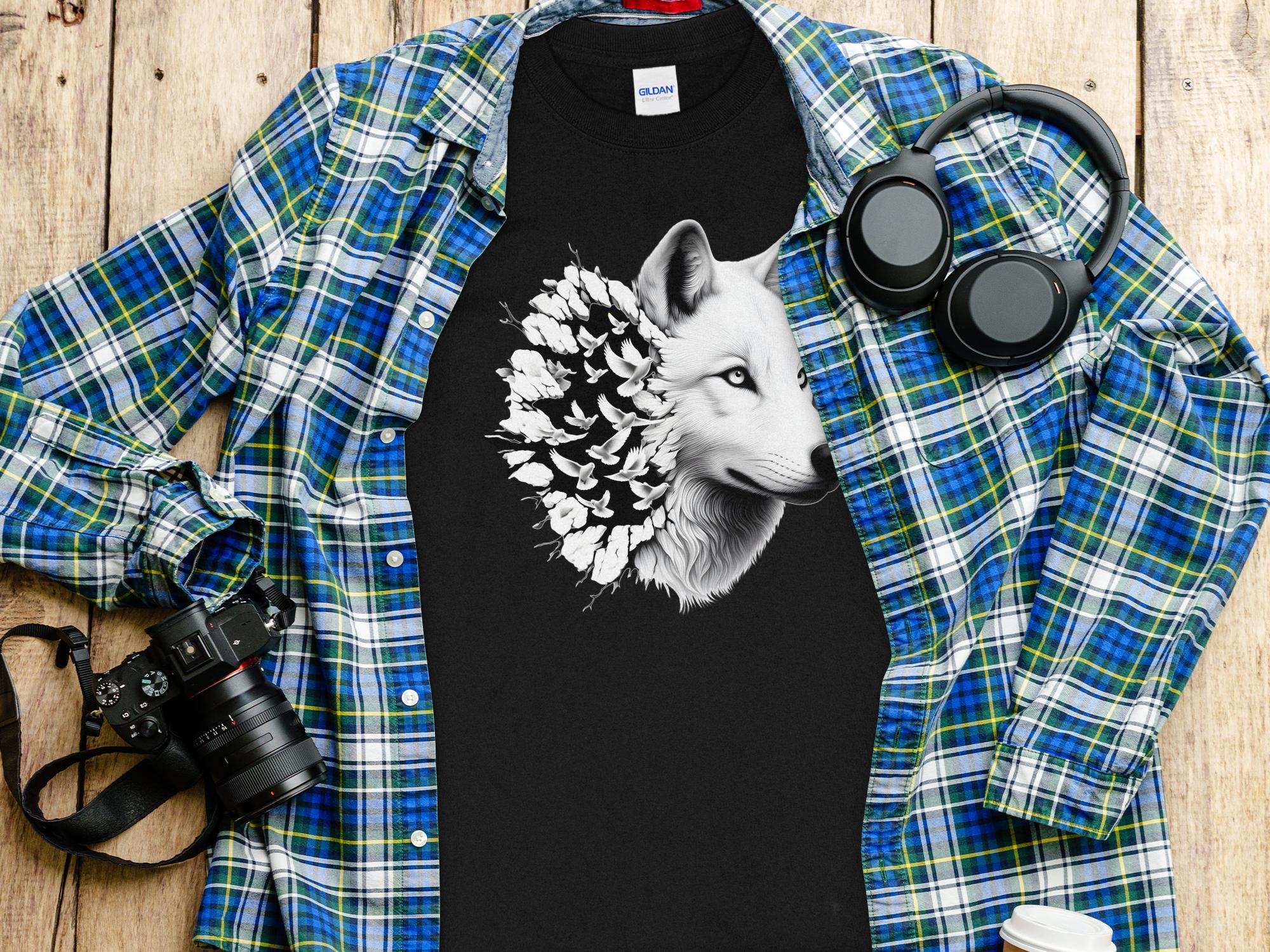 Wolf x Doves - Black White Gildan Long Sleeve Realistic Animal Talisman Unisex Tee Graphic Design