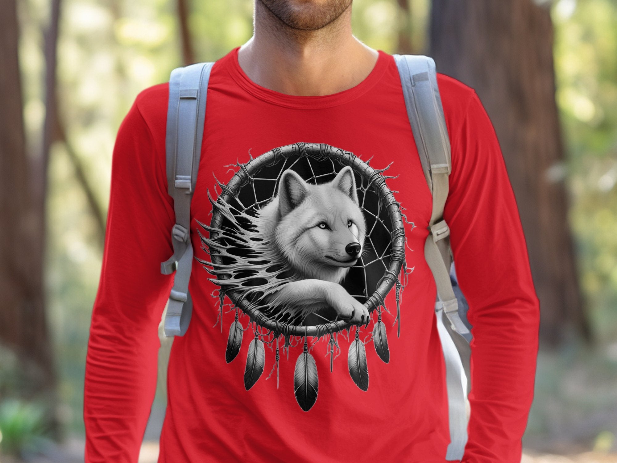 Dreamcatcher Wolf - Coloured Gildan Long Sleeve Realistic Native American Talisman Unisex Mythology Tee Graphic Design