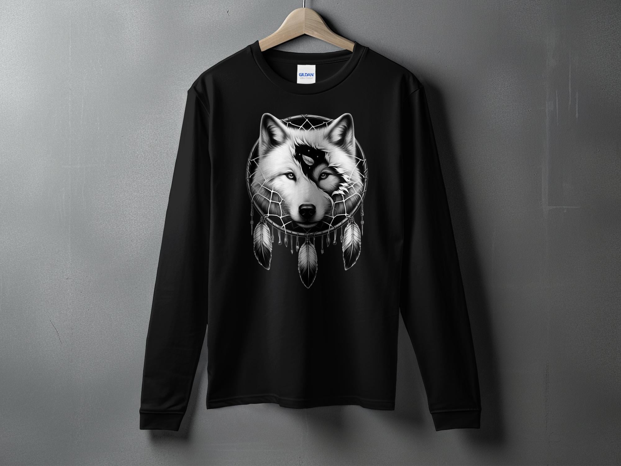 Dreamcatcher Wolf - Coloured Gildan Long Sleeve Realistic Native American Talisman Unisex Mythology Tee Graphic Design