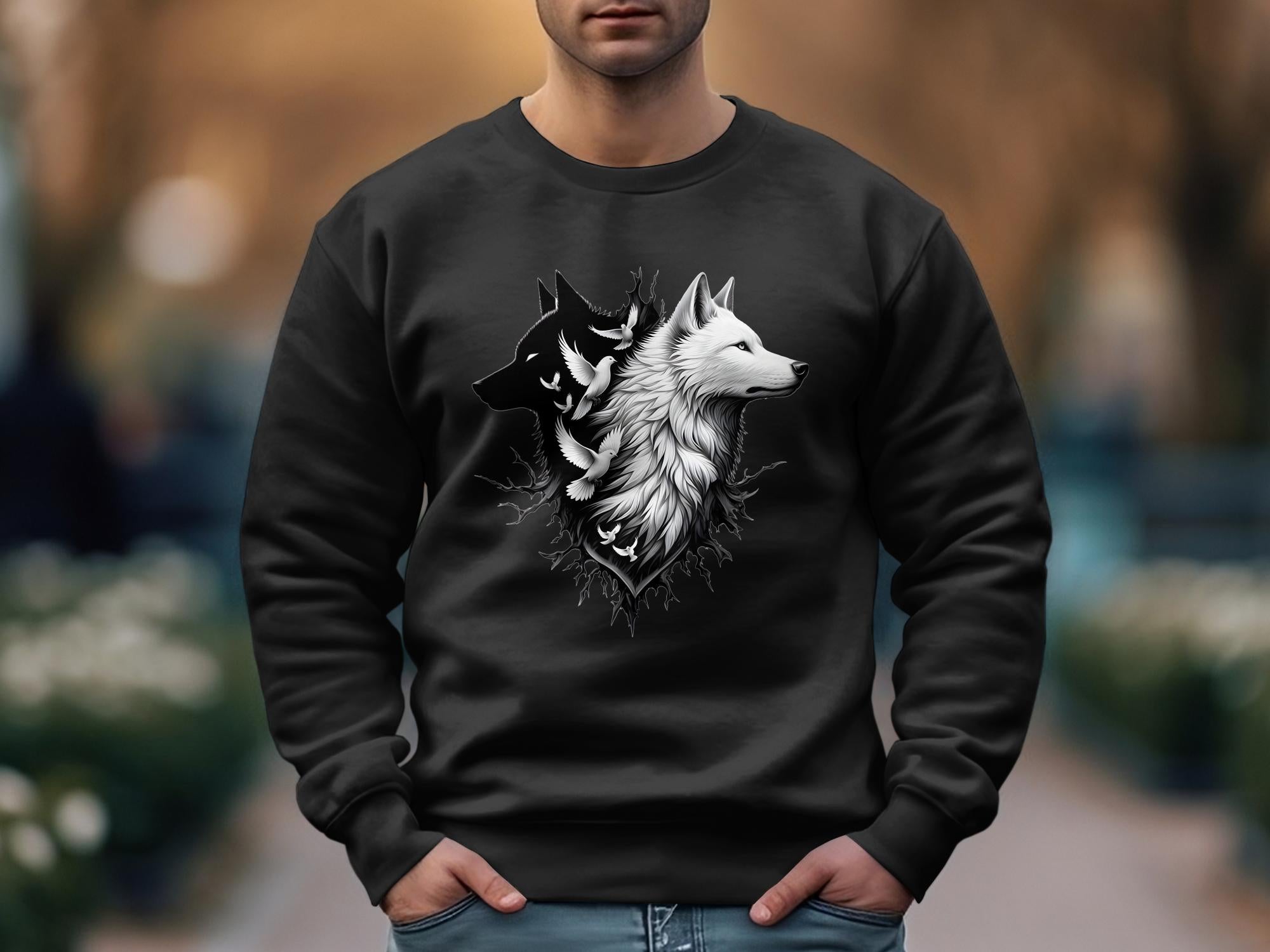 Wolf x Doves - Black White Gildan Sweatshirt Realistic Animal Talisman Unisex Tee Graphic Design