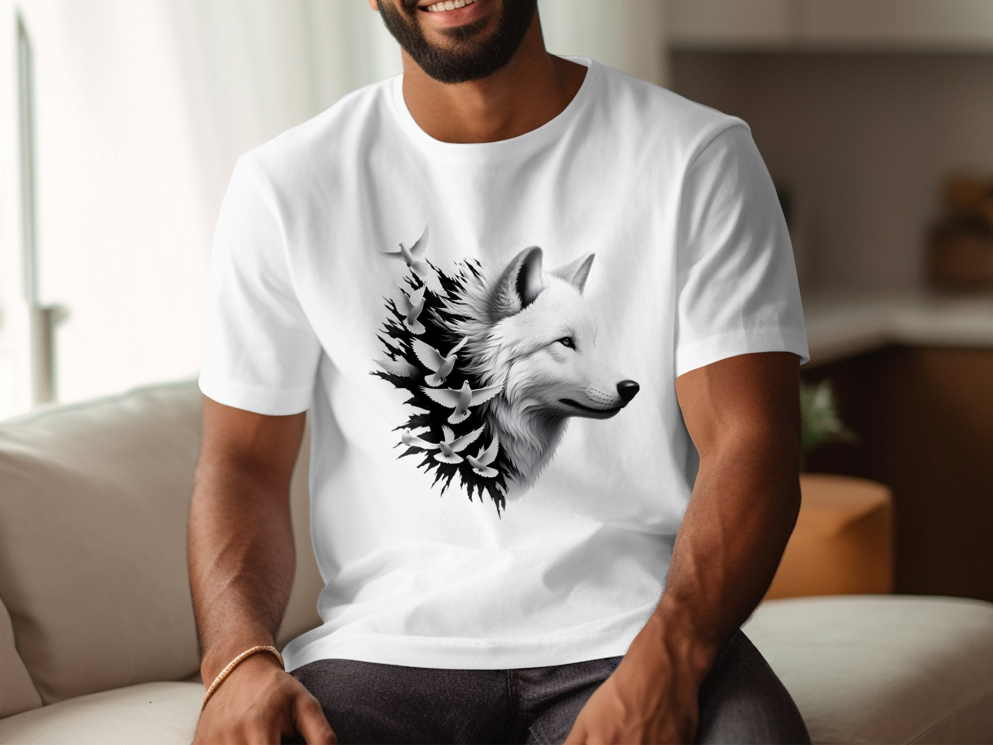 Wolf x Doves - Black White Gildan T-Shirt Realistic Animal Talisman Unisex Tee Graphic Design