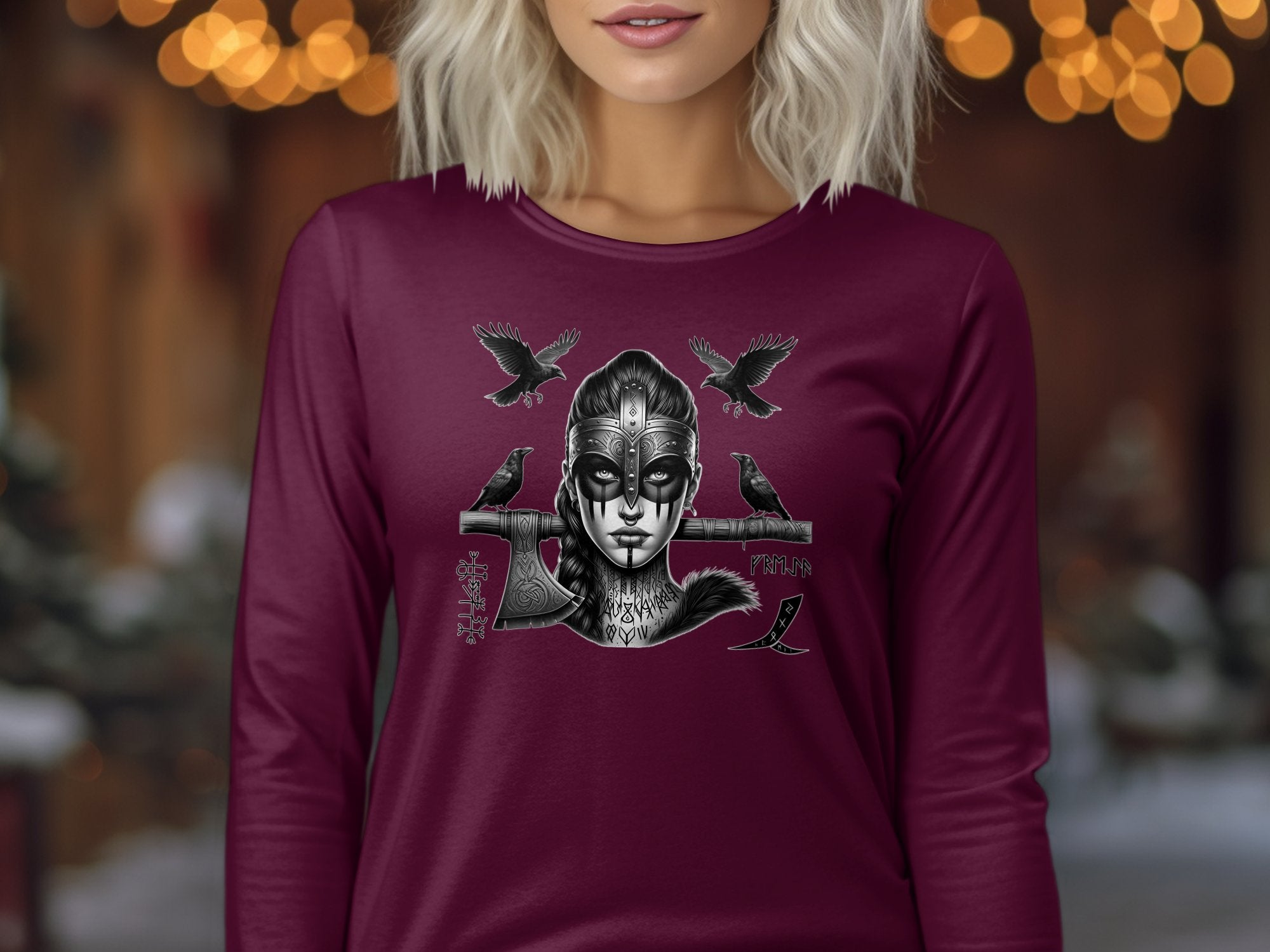 Viking Shield Maiden - Coloured Gildan Long Sleeve Realistic Norse Talisman Men Women Unisex Valhalla Tee Graphic Design