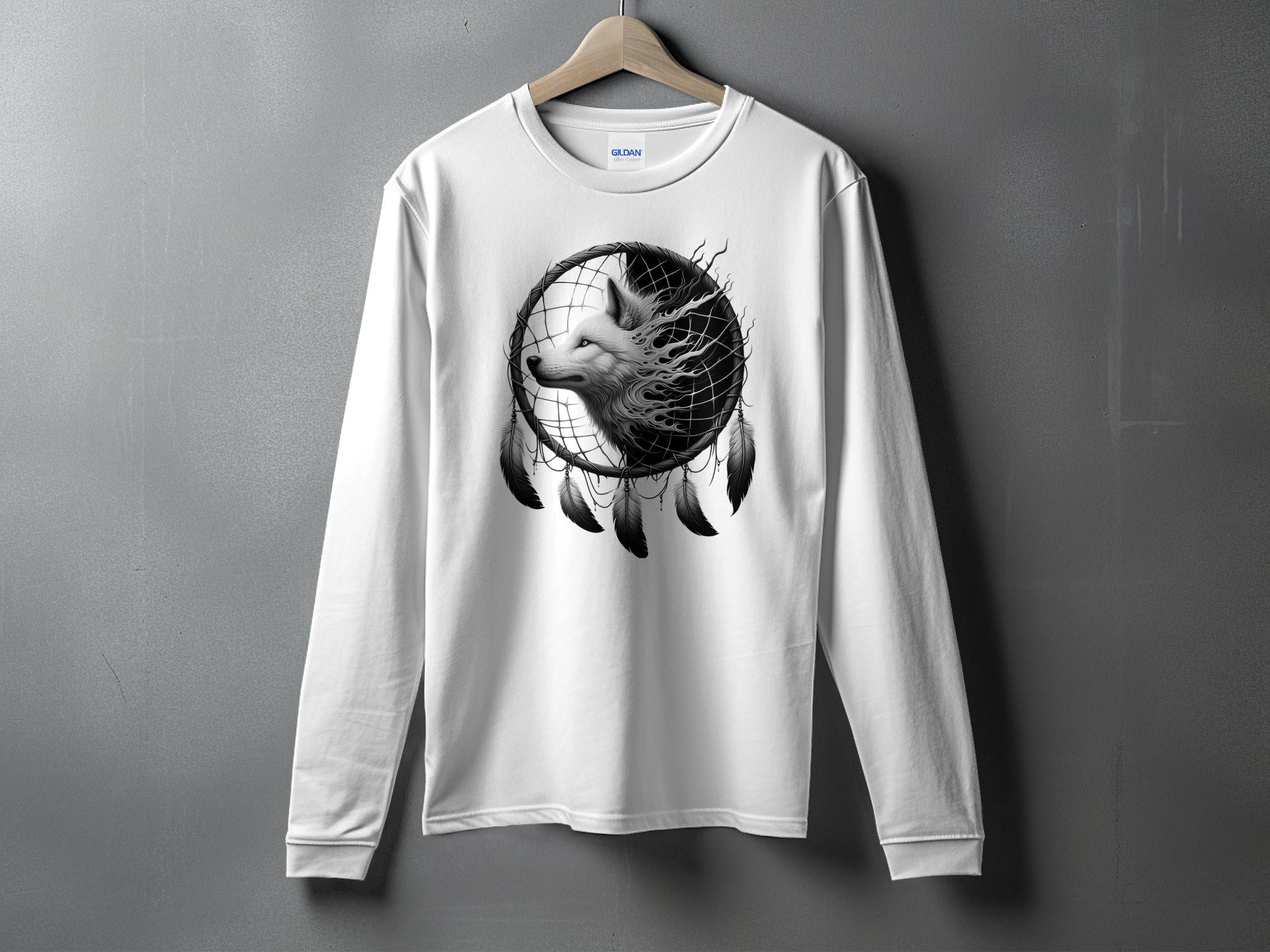 Dreamcatcher Wolf - Coloured Gildan Long Sleeve Realistic Native American Talisman Unisex Mythology Tee Graphic Design