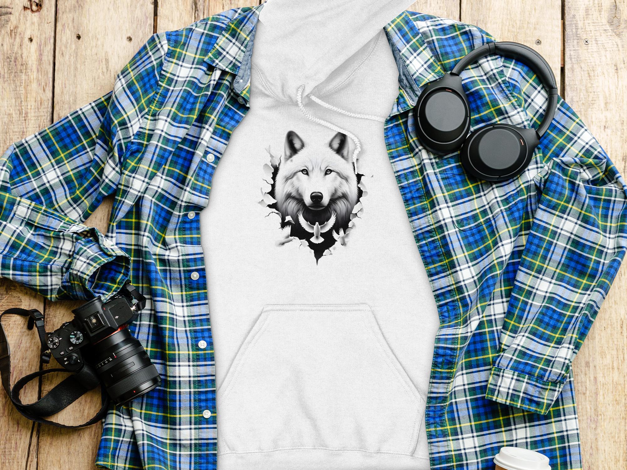 Wolf x Doves - Black White Gildan Hoodie Realistic Animal Talisman Unisex Tee Graphic Design