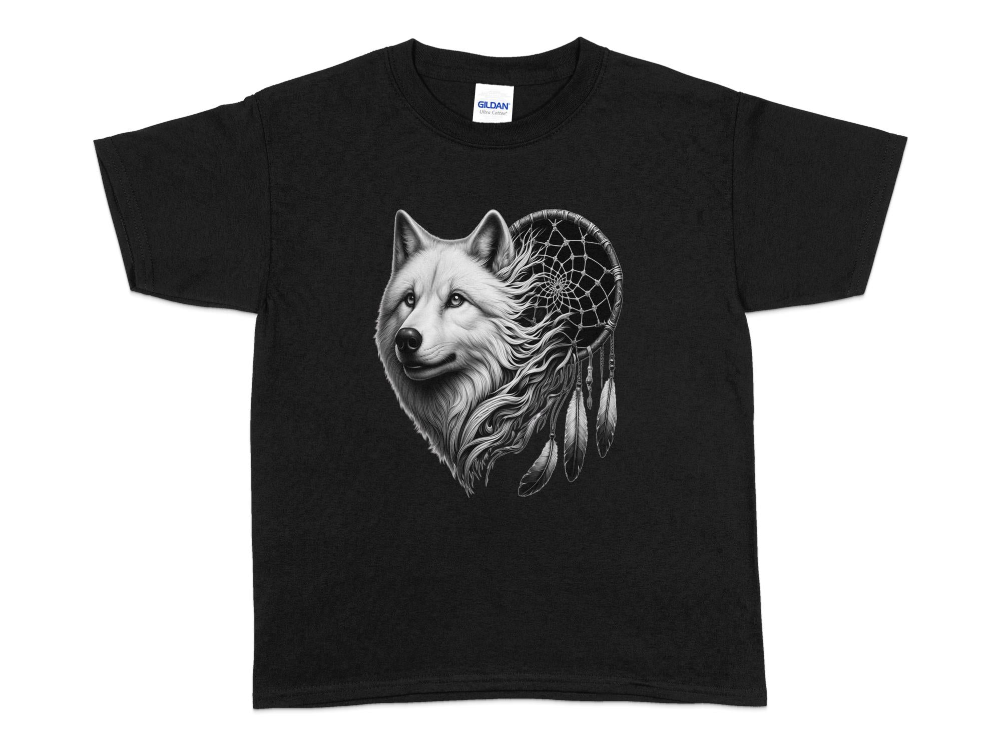 Dreamcatcher Wolf - Coloured Gildan Kids T-Shirt Realistic Native American Talisman Unisex Mythology Tee Graphic Design