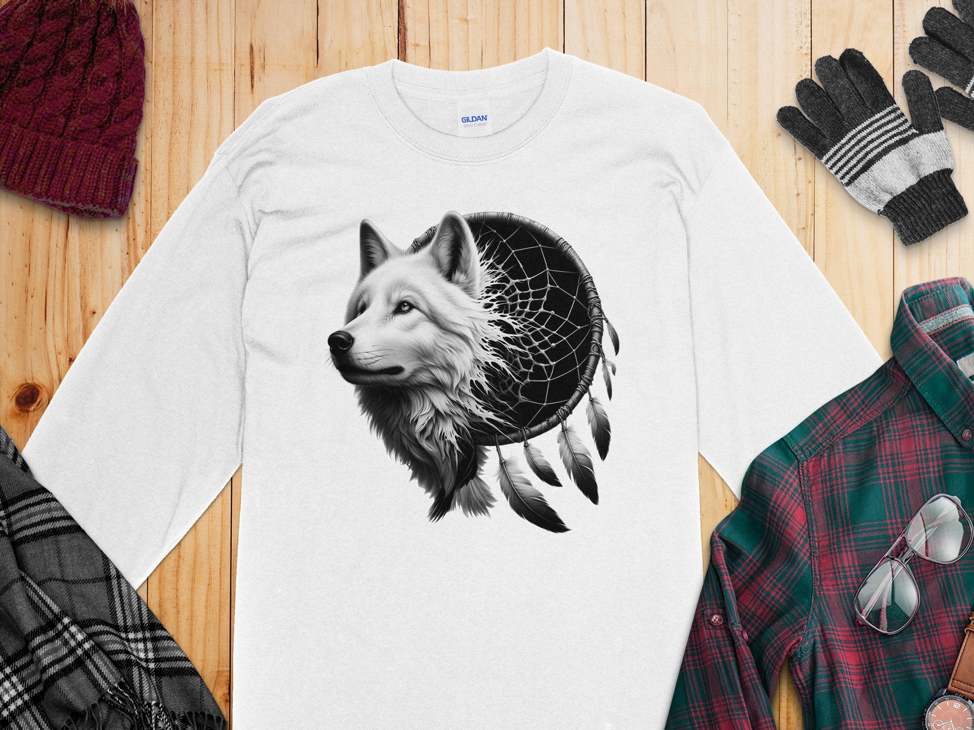 Dreamcatcher Wolf - Coloured Gildan Long Sleeve Realistic Native American Talisman Unisex Mythology Tee Graphic Design