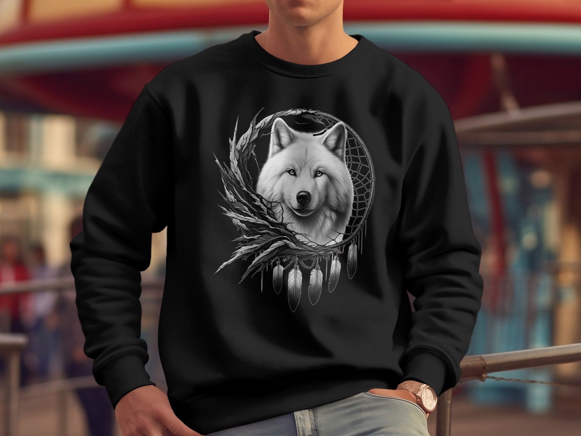 Dreamcatcher Wolf - Coloured Gildan Sweatshirt Realistic Native American Talisman Unisex Mythology Tee Graphic Design