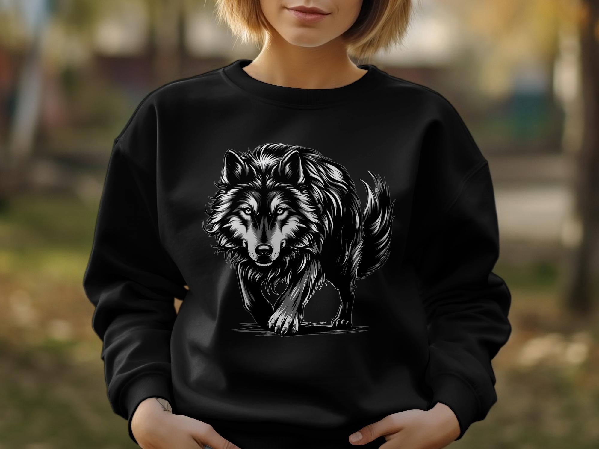 Wolf Tribal - Black White Gildan Sweatshirt Realistic Animal Talisman Unisex Tee Graphic Design