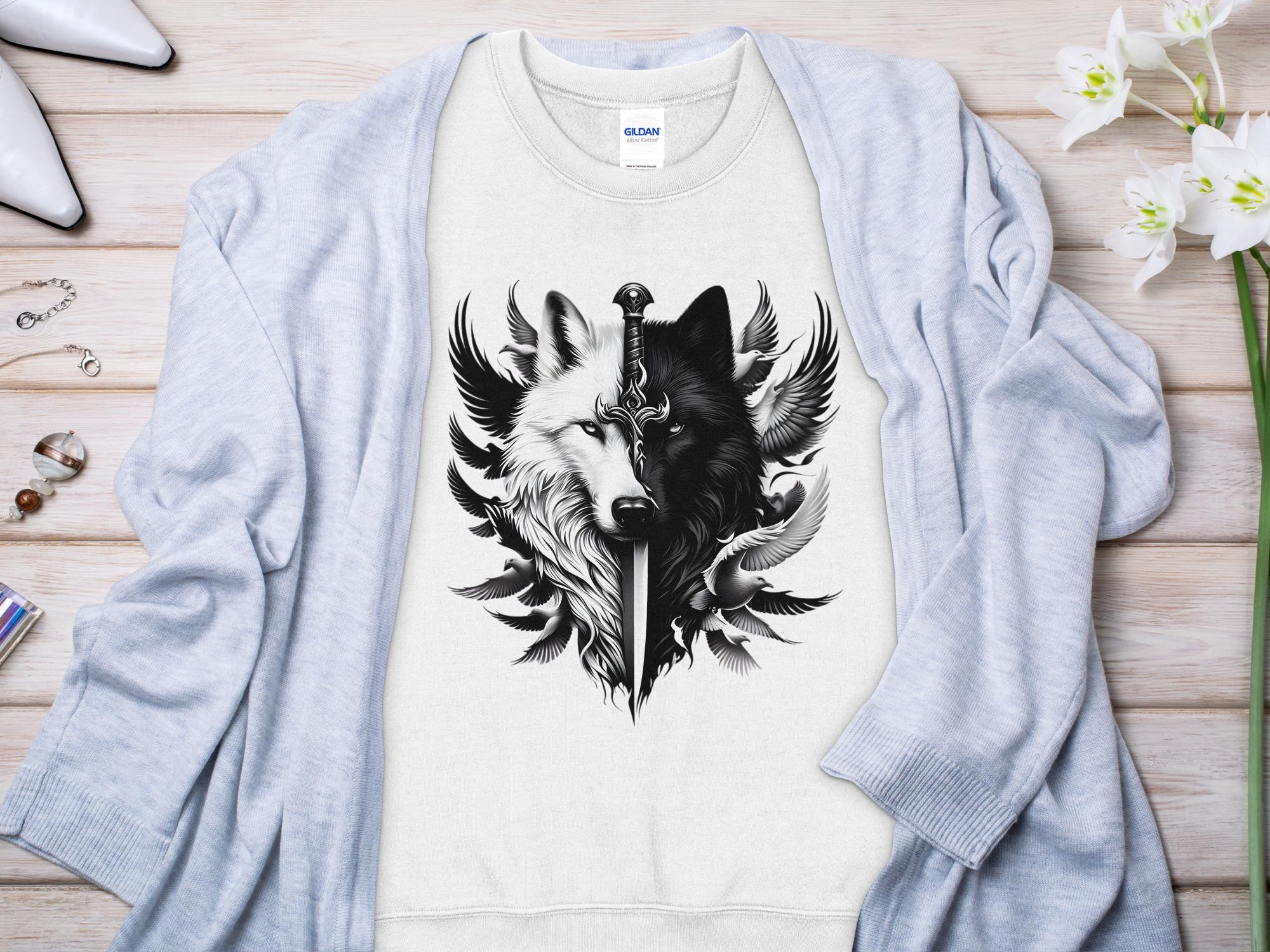 Wolf x Doves - Black White Gildan Sweatshirt Realistic Animal Talisman Unisex Tee Graphic Design