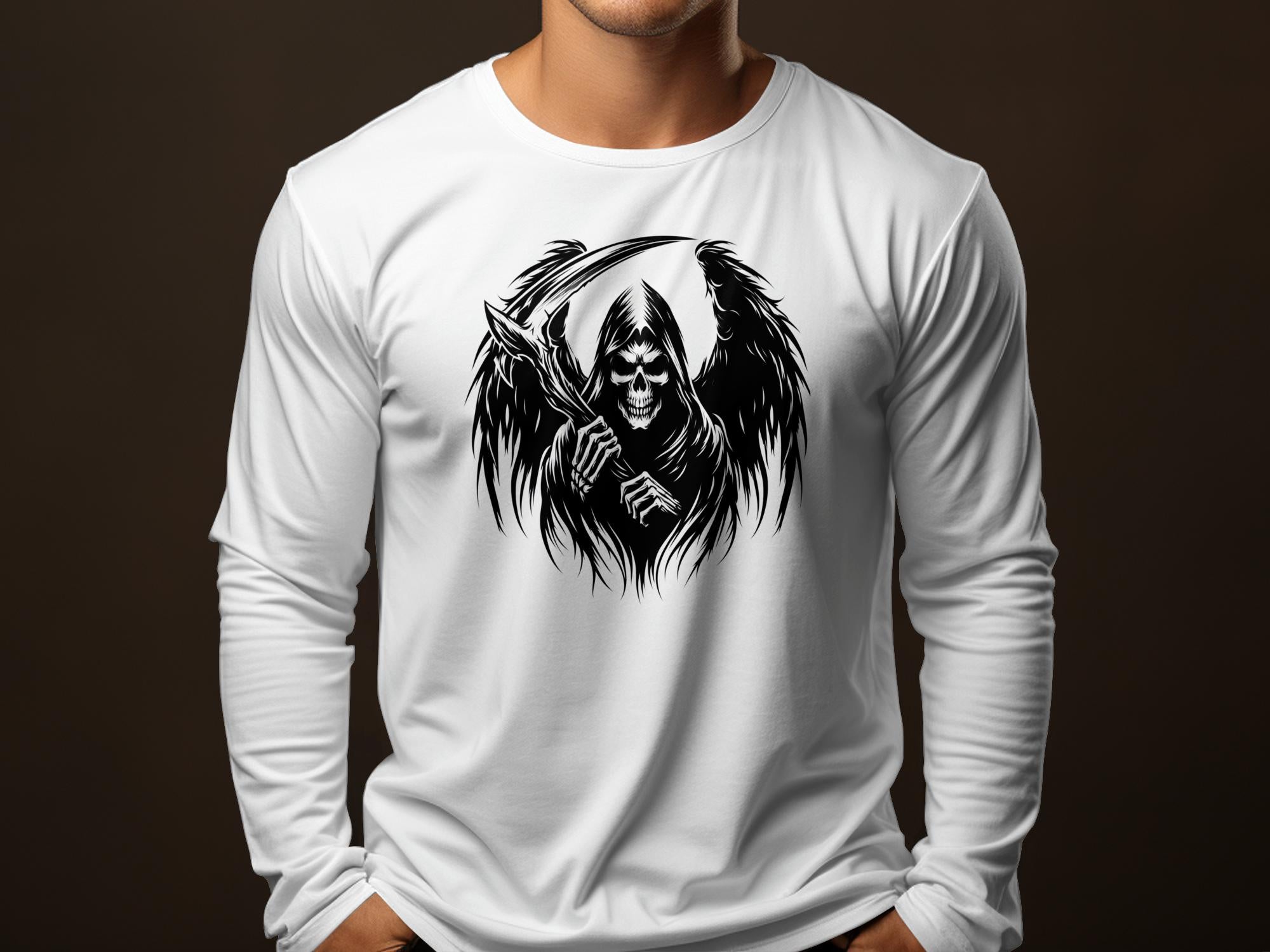 Grim Reaper - Black White Gildan Long Sleeve Commemorative Talisman Unisex Tee Graphic Design