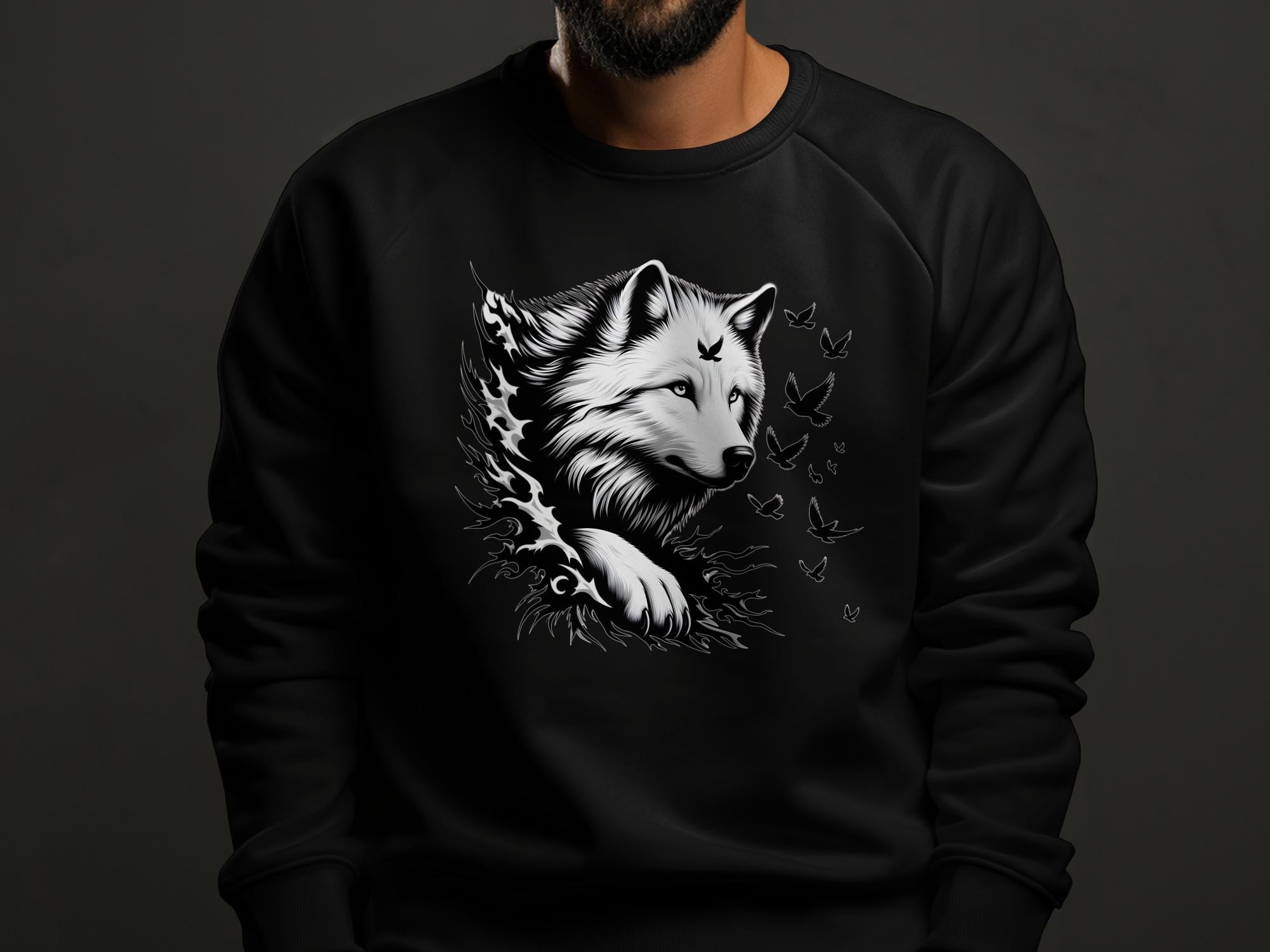 Wolf x Doves - Black White Gildan Sweatshirt Realistic Animal Talisman Unisex Tee Graphic Design