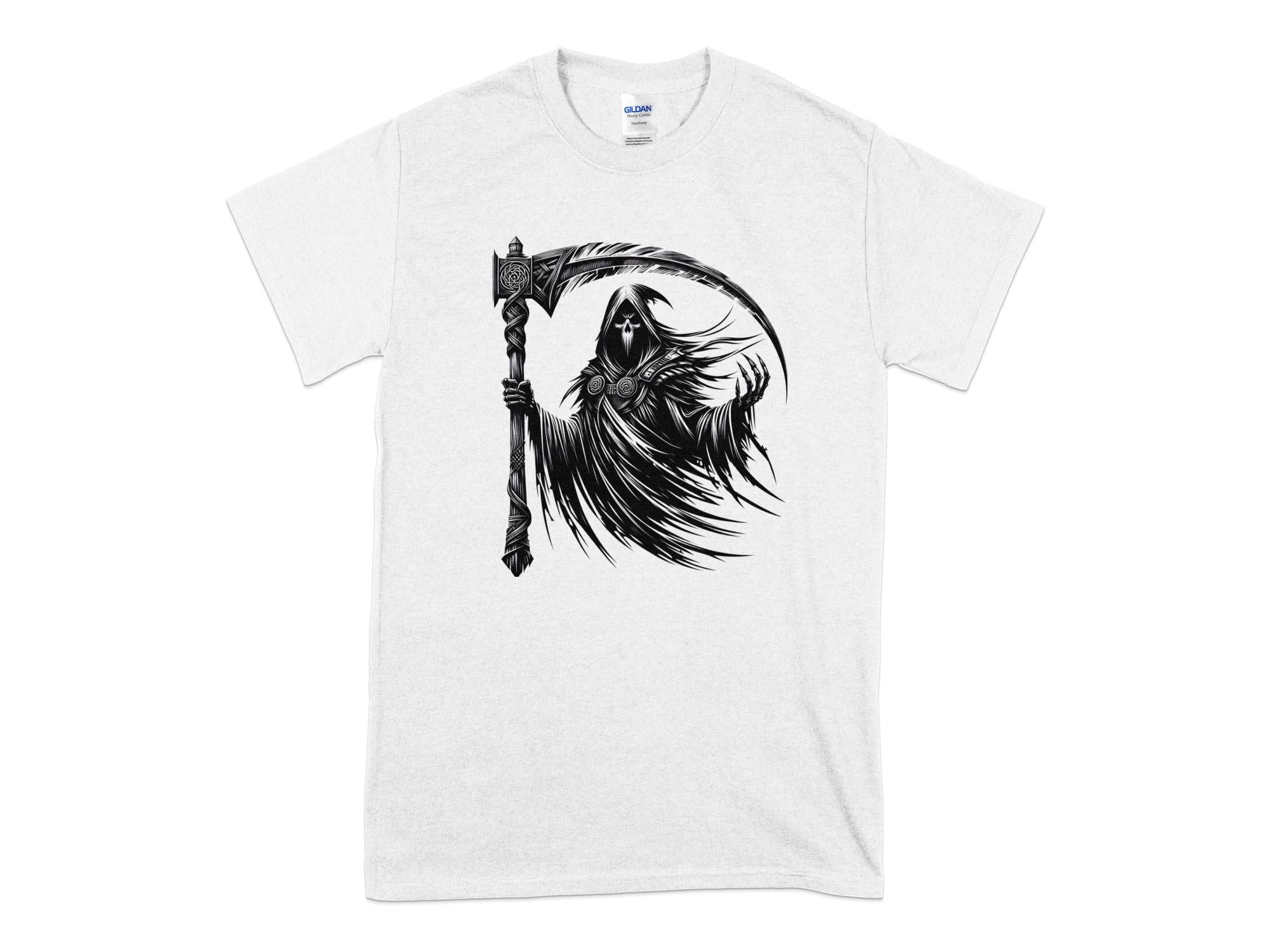 Grim Reaper - Black White Gildan T-Shirt Commemorative Talisman Unisex Tee Graphic Design