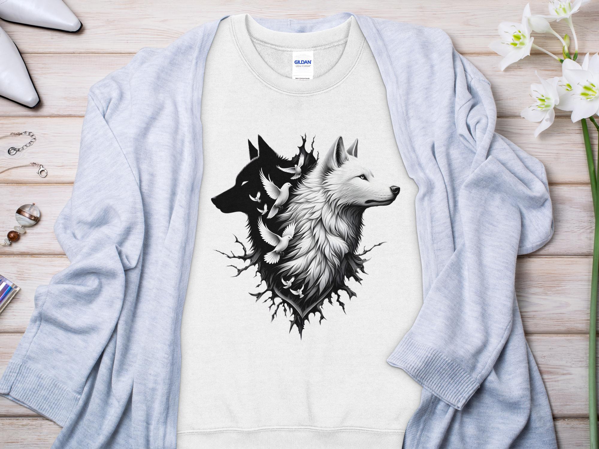 Wolf x Doves - Black White Gildan Sweatshirt Realistic Animal Talisman Unisex Tee Graphic Design