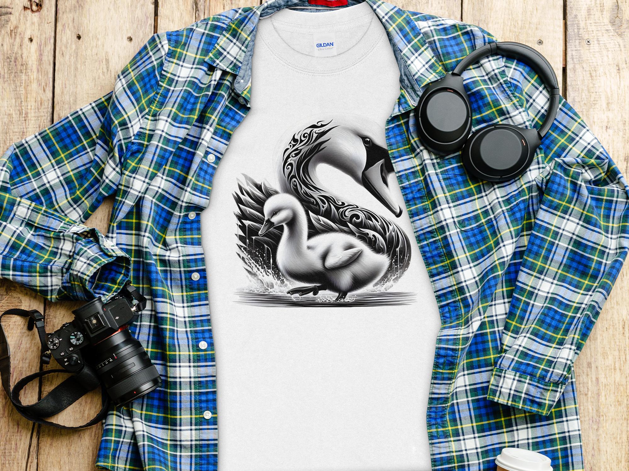 Swan & Cygnet- Black White Gildan Long Sleeve Realistic Family Talisman Unisex Tee Graphic Design