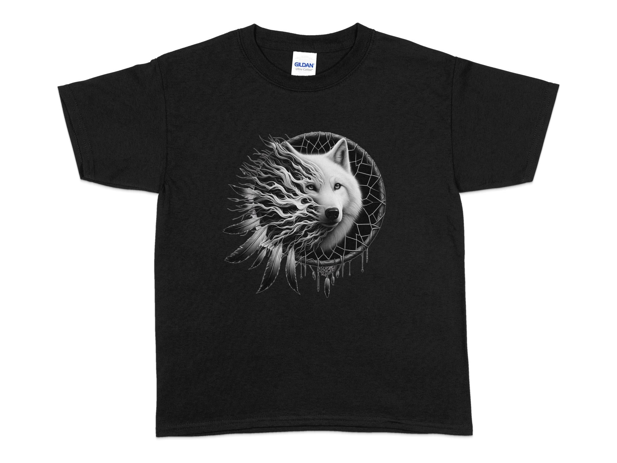 Dreamcatcher Wolf - Coloured Gildan Kids T-Shirt Realistic Native American Talisman Unisex Mythology Tee Graphic Design