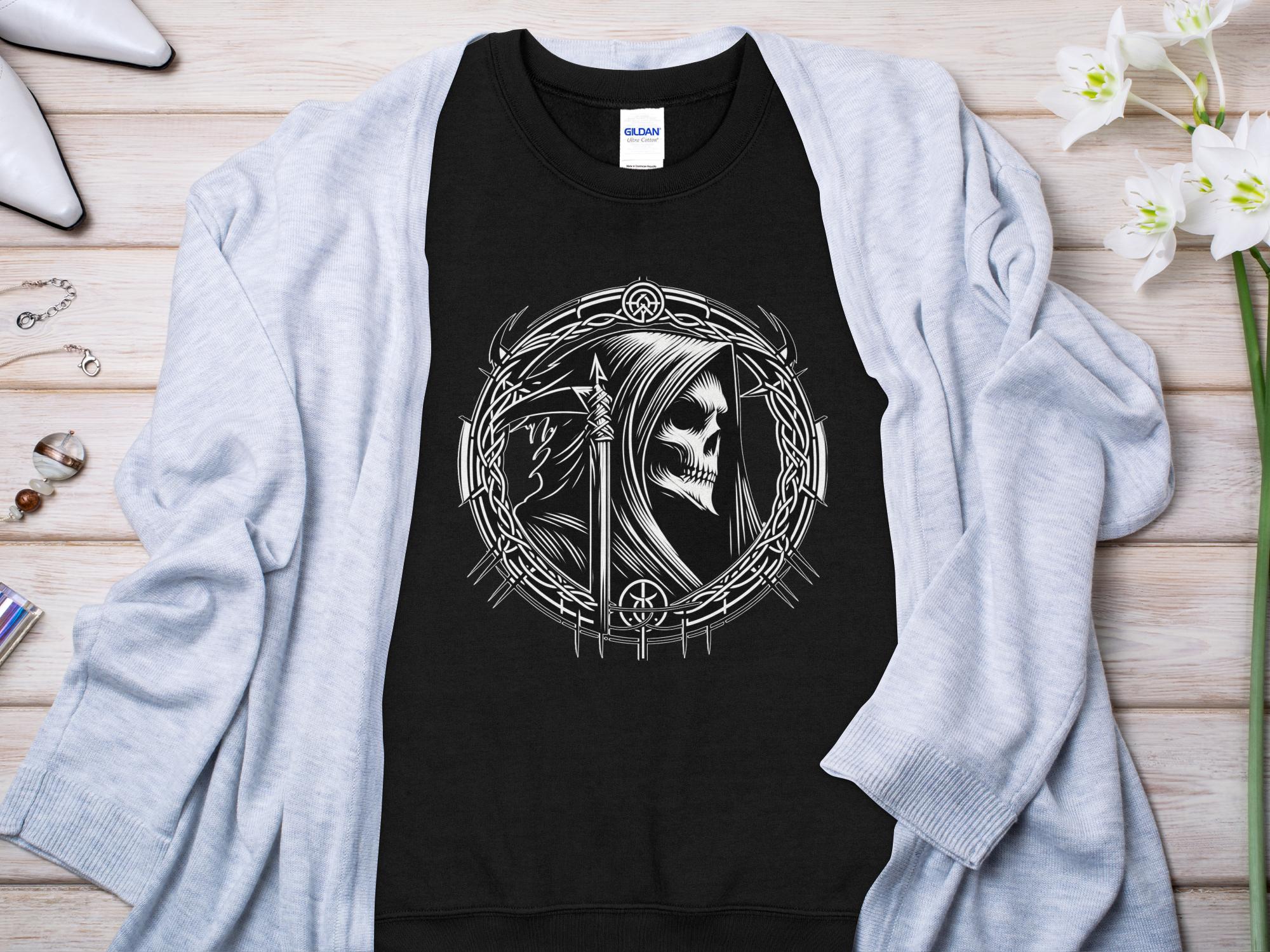 Grim Reaper - Black White Gildan Sweatshirt Commemorative Talisman Unisex Tee Graphic Design