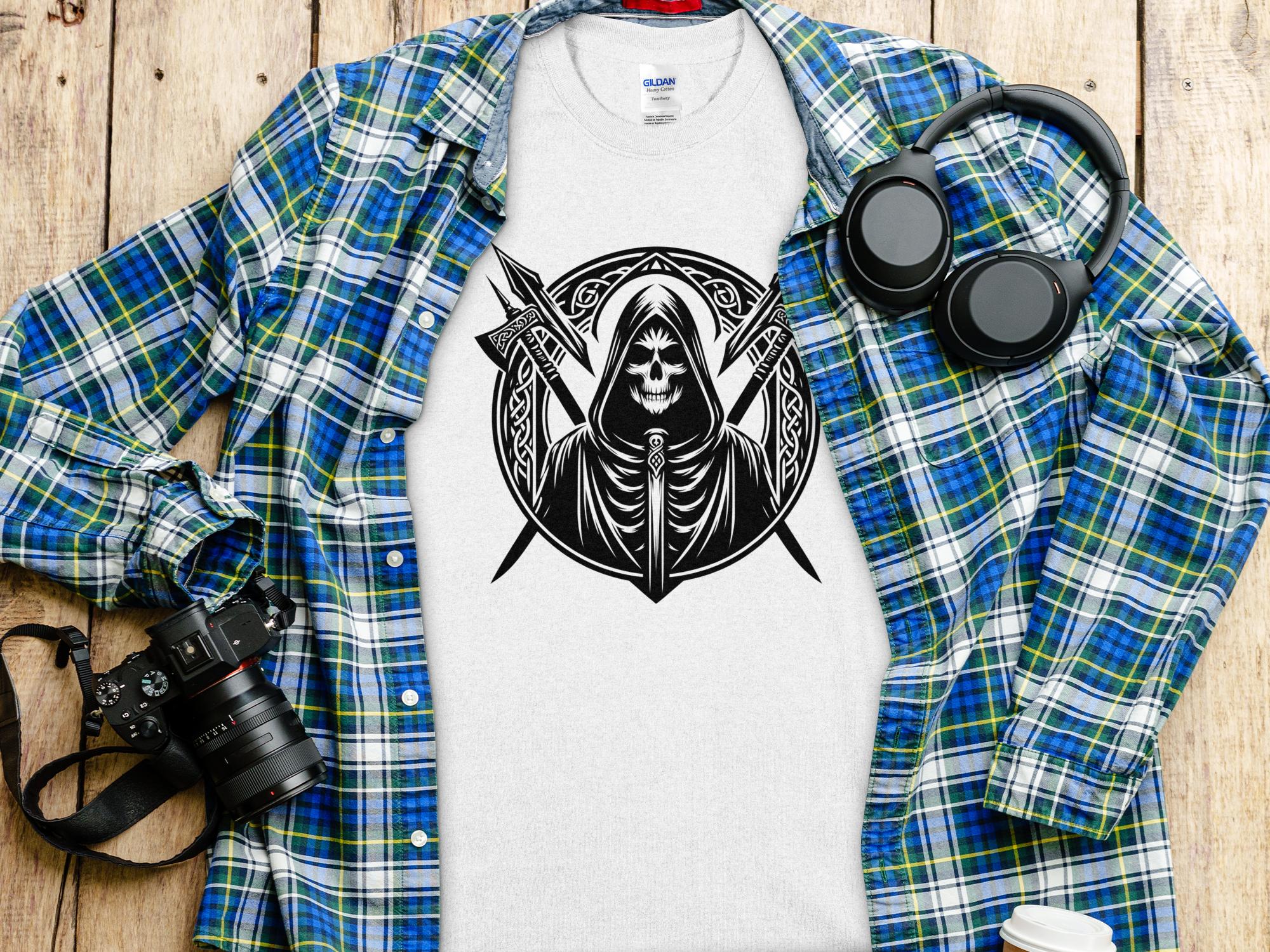 Grim Reaper - Black White Gildan T-Shirt Commemorative Talisman Unisex Tee Graphic Design