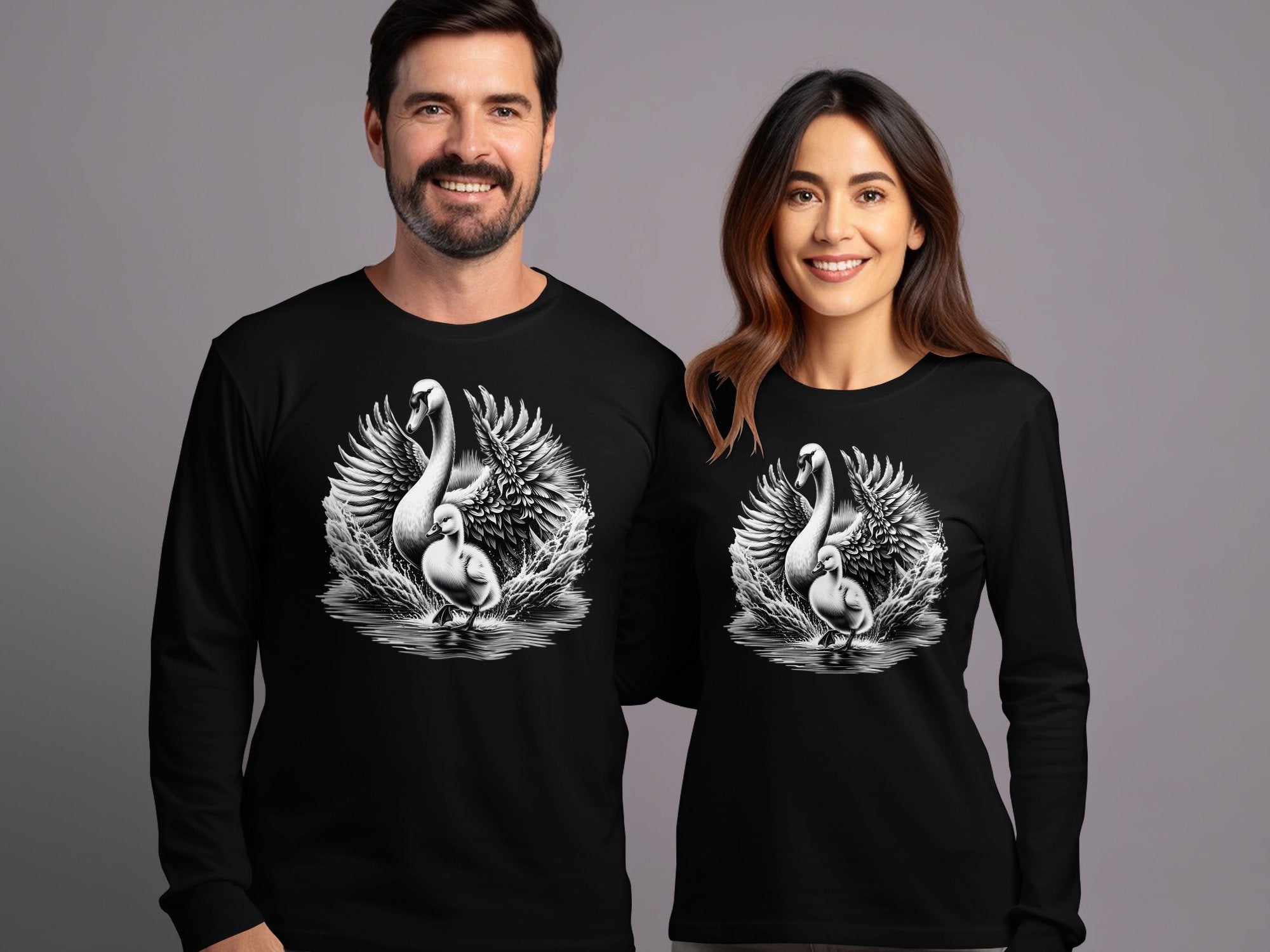 Swan & Cygnet- Black White Gildan Long Sleeve Realistic Family Talisman Unisex Tee Graphic Design