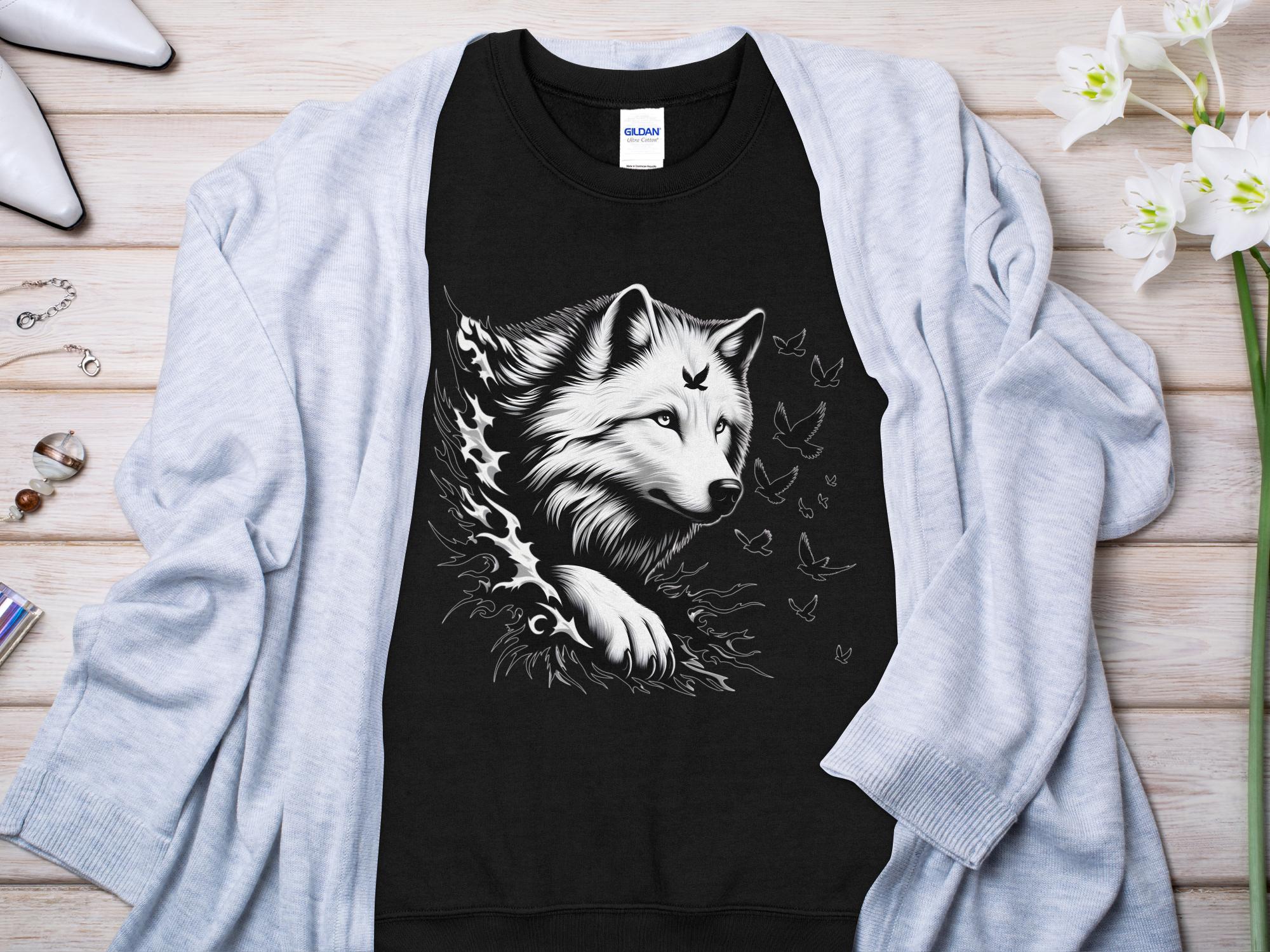 Wolf x Doves - Black White Gildan Sweatshirt Realistic Animal Talisman Unisex Tee Graphic Design