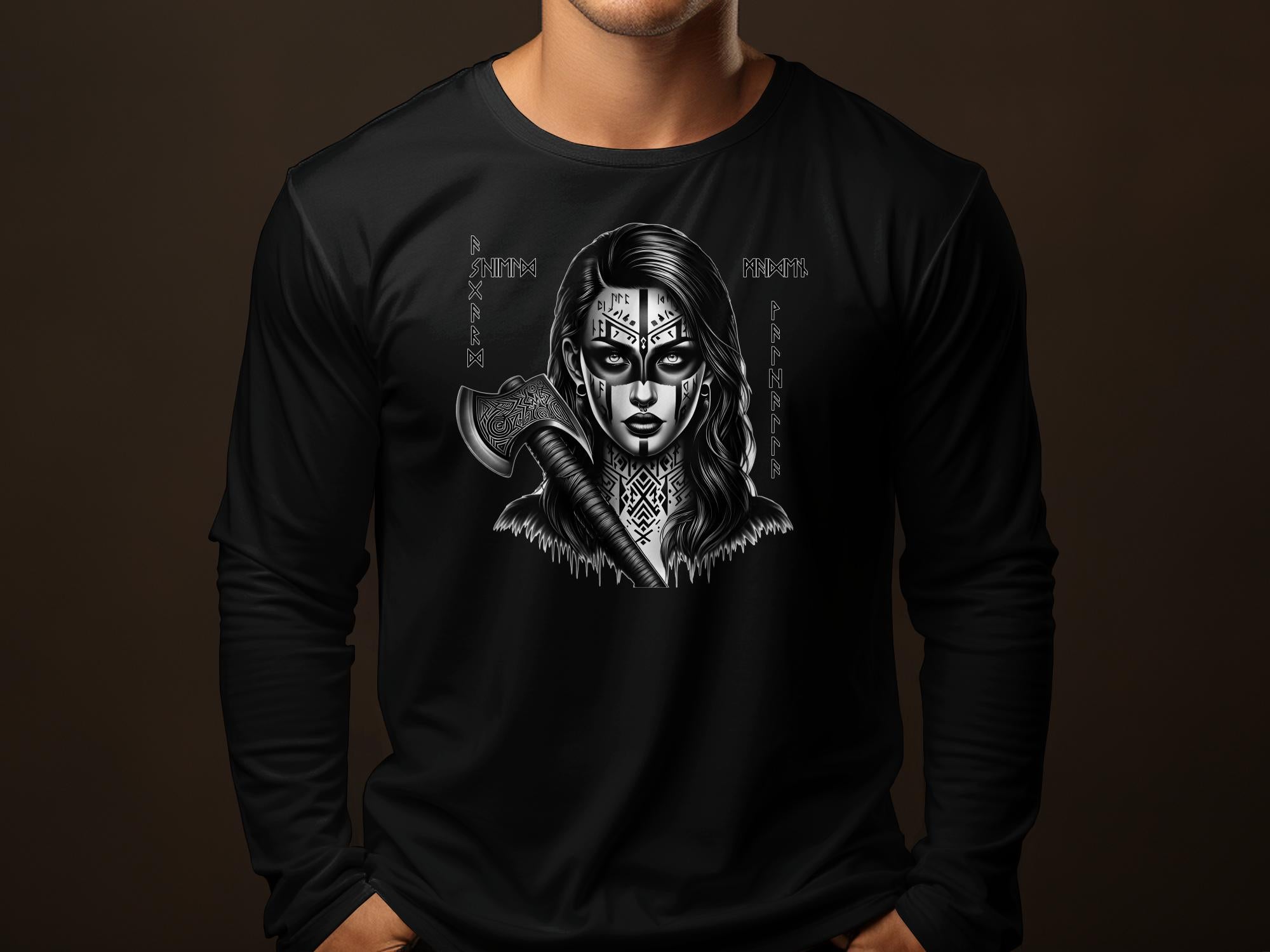 Viking Shield Maiden - Coloured Gildan Long Sleeve Realistic Norse Talisman Men Women Unisex Valhalla Tee Graphic Design