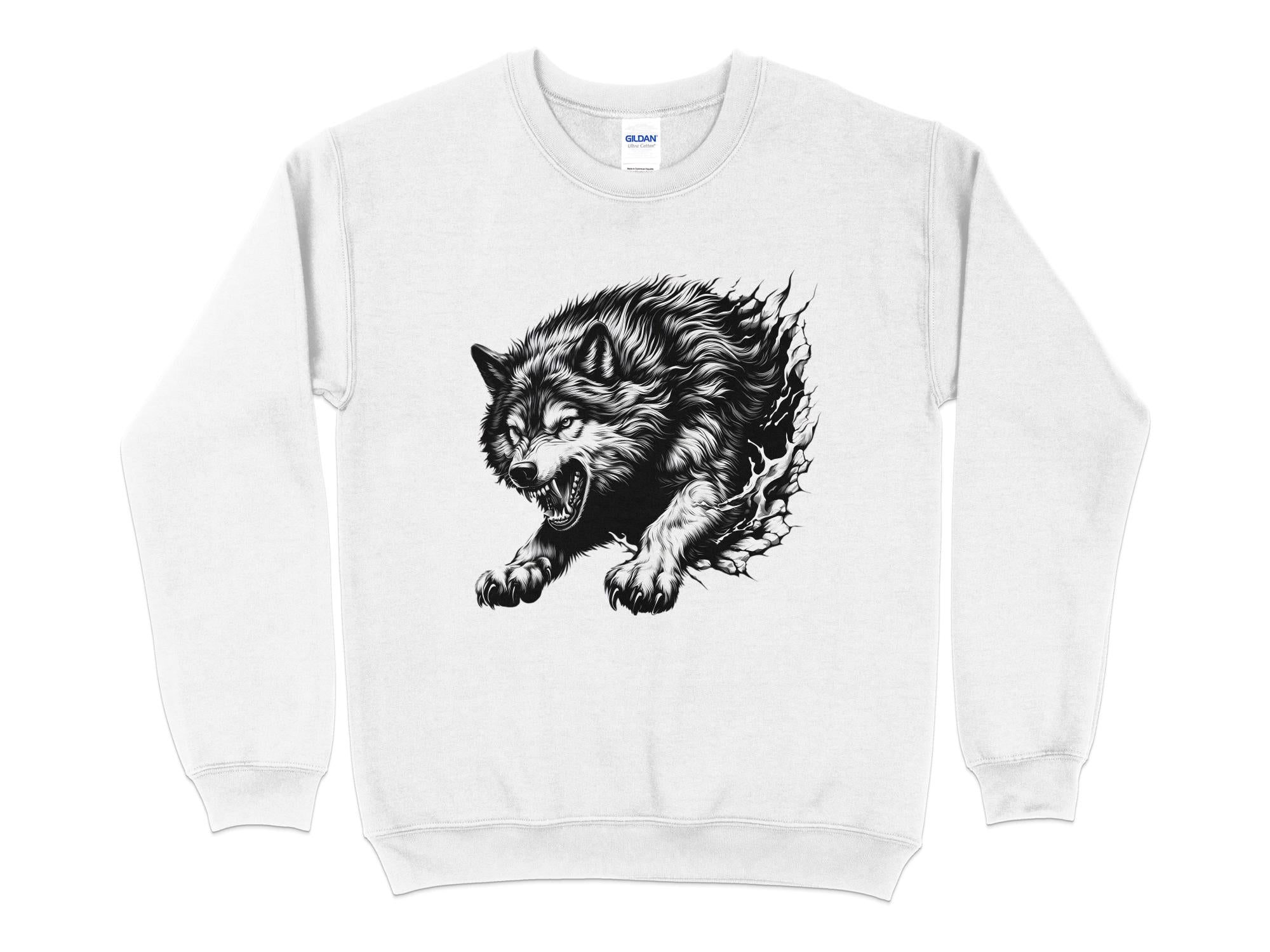 Wolf Tribal - Black White Gildan Sweatshirt Realistic Animal Talisman Unisex Tee Graphic Design