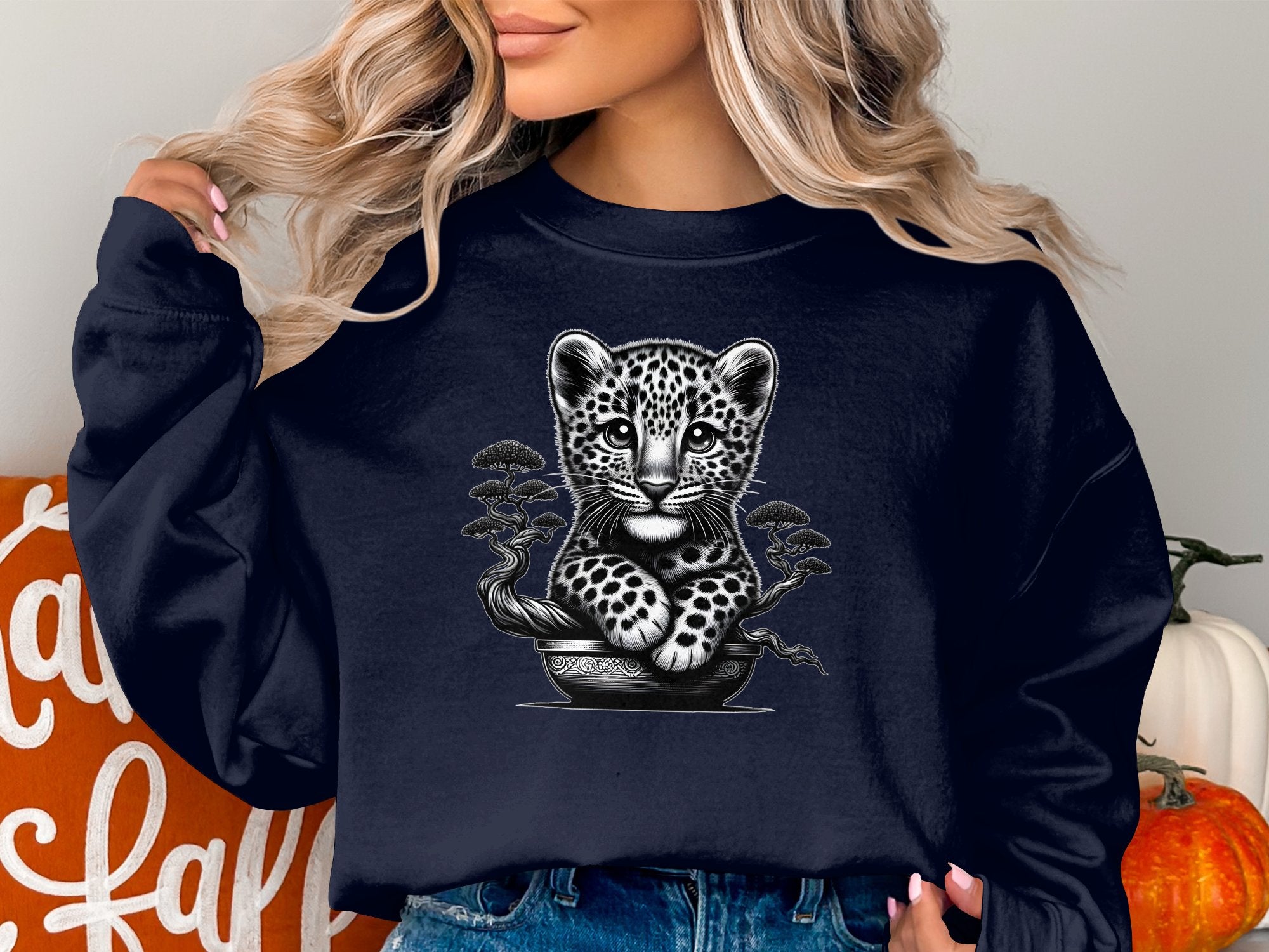 Leopard Bonsai - Coloured Gildan Sweatshirt Realistic Animal Talisman Unisex Cute Tee Graphic Design