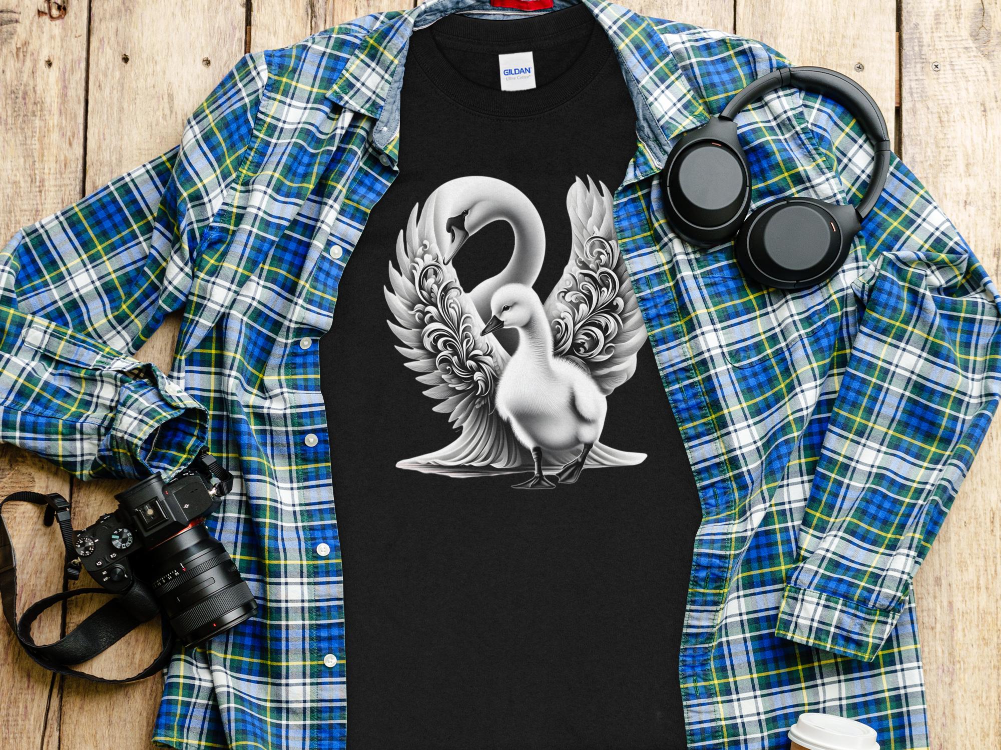 Swan & Cygnet- Black White Gildan Long Sleeve Realistic Family Talisman Unisex Tee Graphic Design