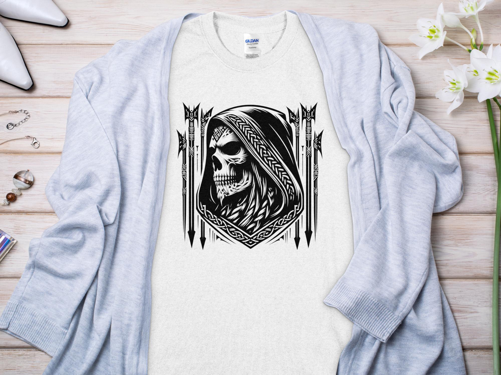 Grim Reaper - Black White Gildan T-Shirt Commemorative Talisman Unisex Tee Graphic Design