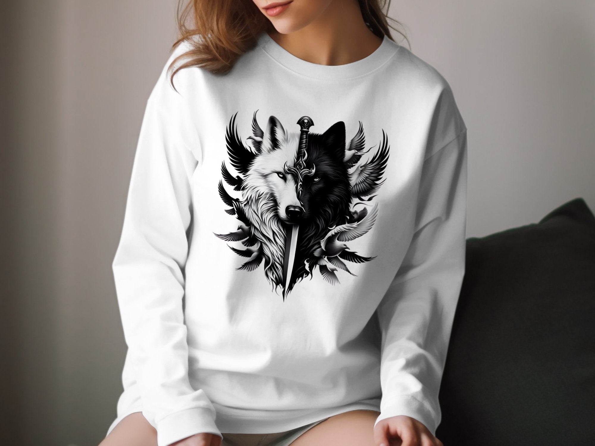 Wolf x Doves - Black White Gildan Long Sleeve Realistic Animal Talisman Unisex Tee Graphic Design