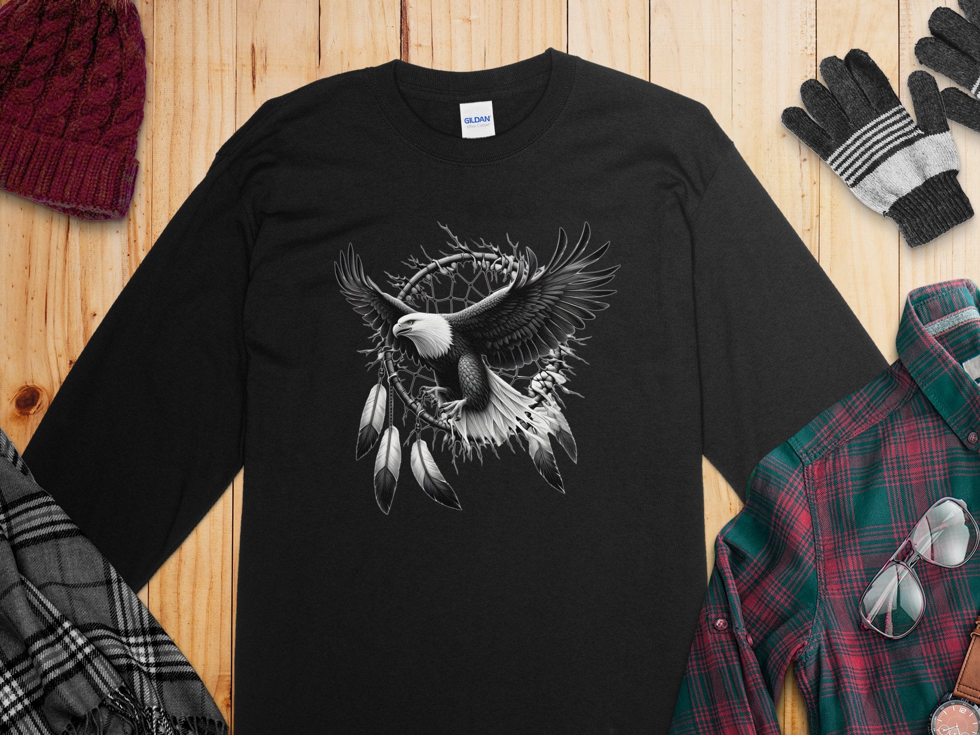 Dreamcatcher Eagle - Coloured Gildan Long Sleeve Realistic Native American Talisman Unisex Mythology Tee Graphic Design