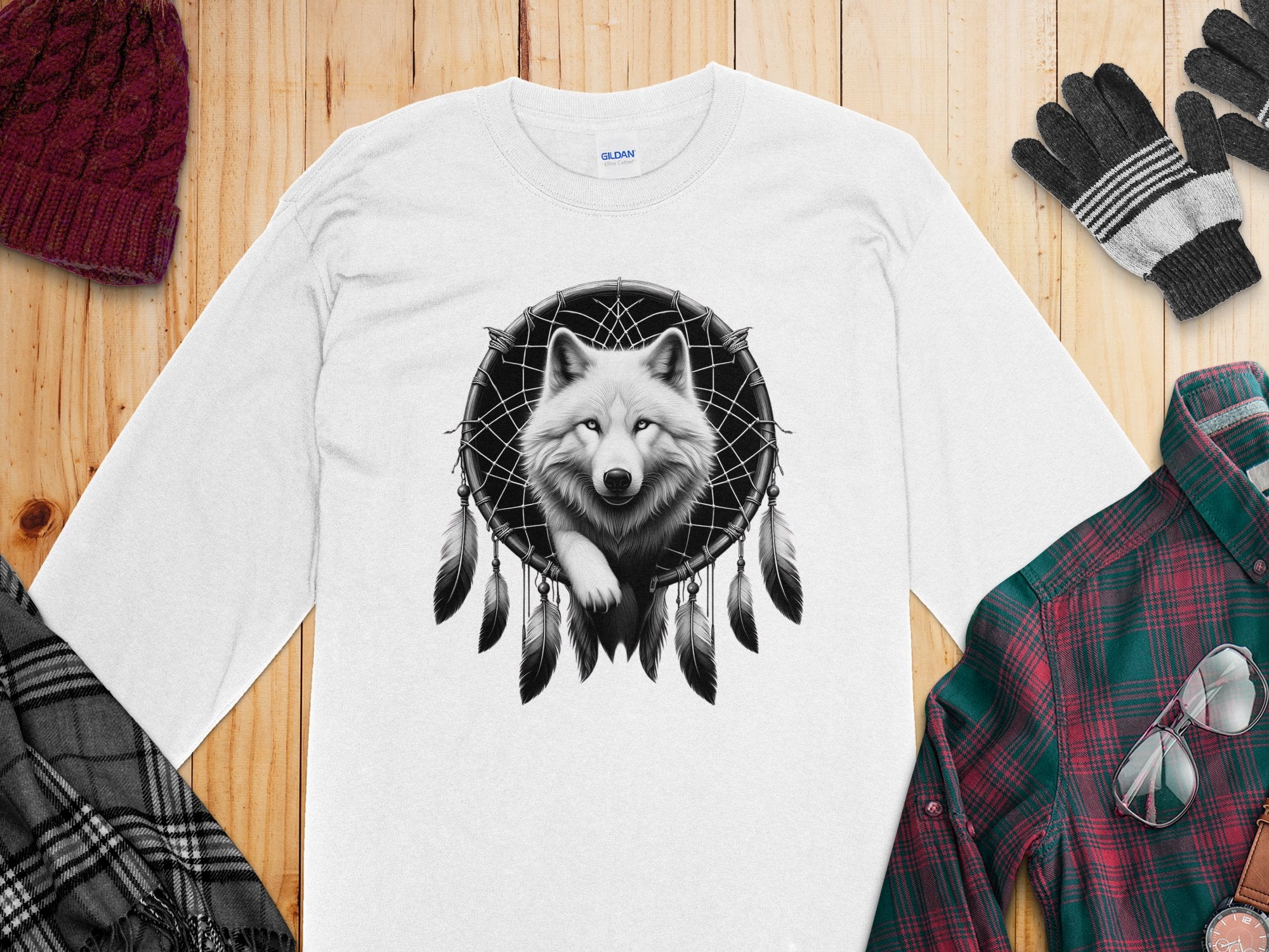 Dreamcatcher Wolf - Coloured Gildan Long Sleeve Realistic Native American Talisman Unisex Mythology Tee Graphic Design