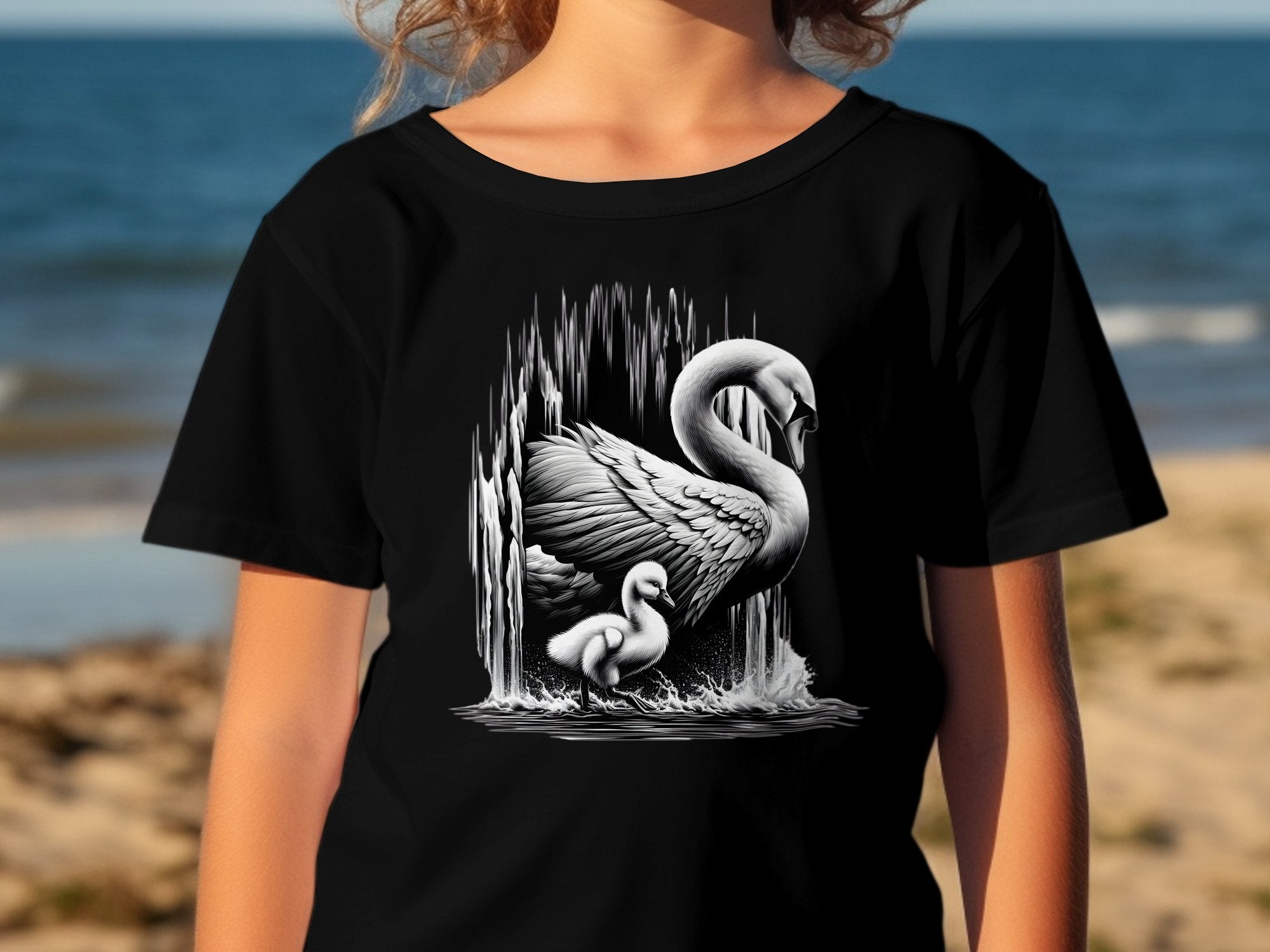 Swan & Cygnet- Black White Gildan Kids T-Shirt Realistic Family Talisman Unisex Tee Graphic Design