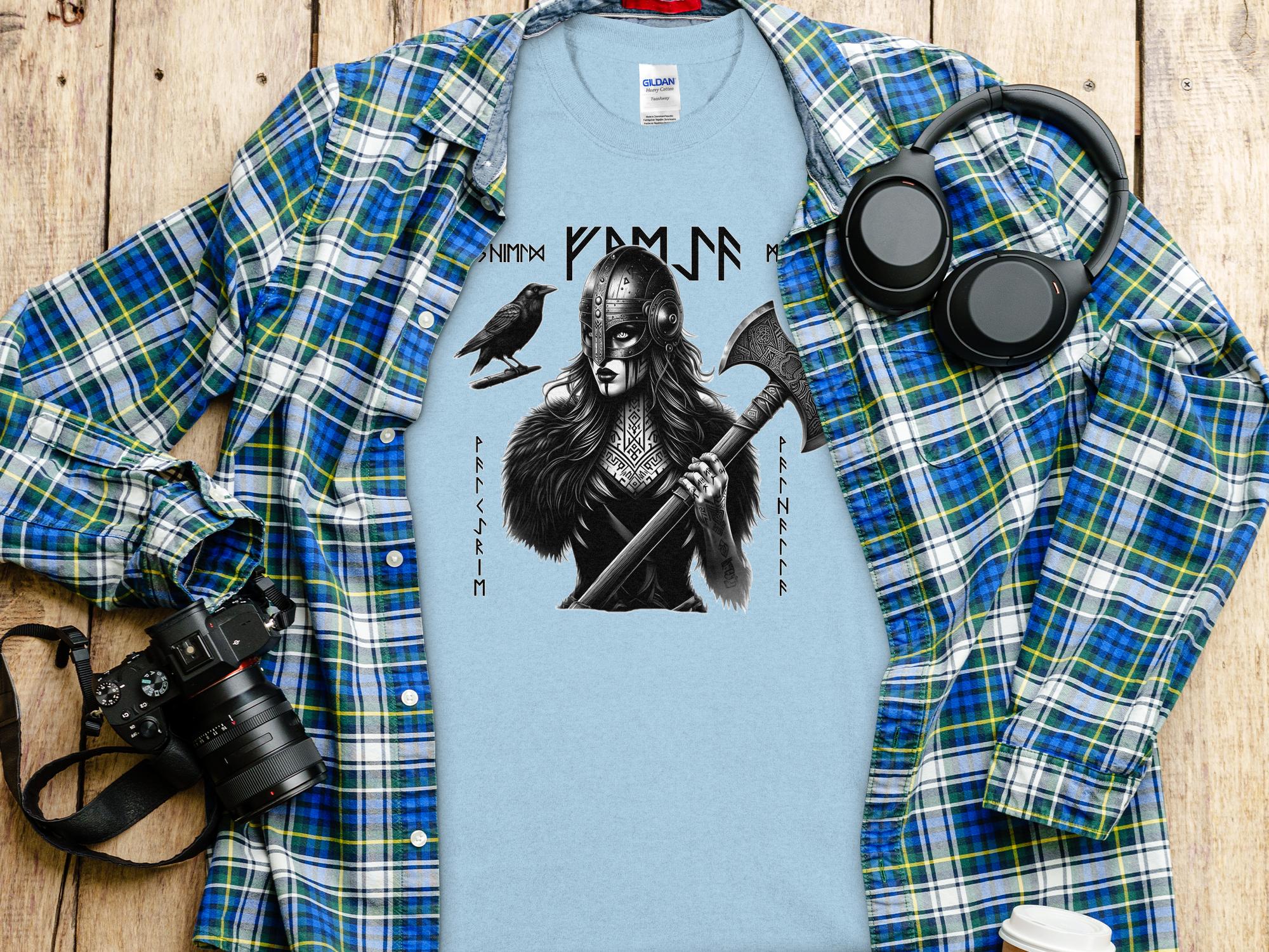 Viking Shield Maiden - Coloured Gildan T Shirt Realistic Norse Talisman Men Women Unisex Valhalla Tee Graphic Design