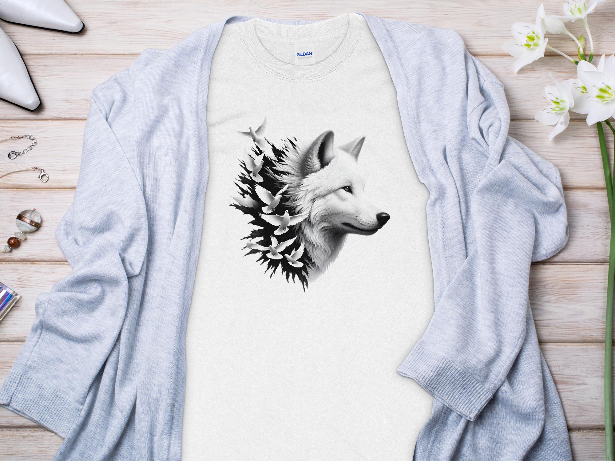 Wolf x Doves - Black White Gildan Long Sleeve Realistic Animal Talisman Unisex Tee Graphic Design