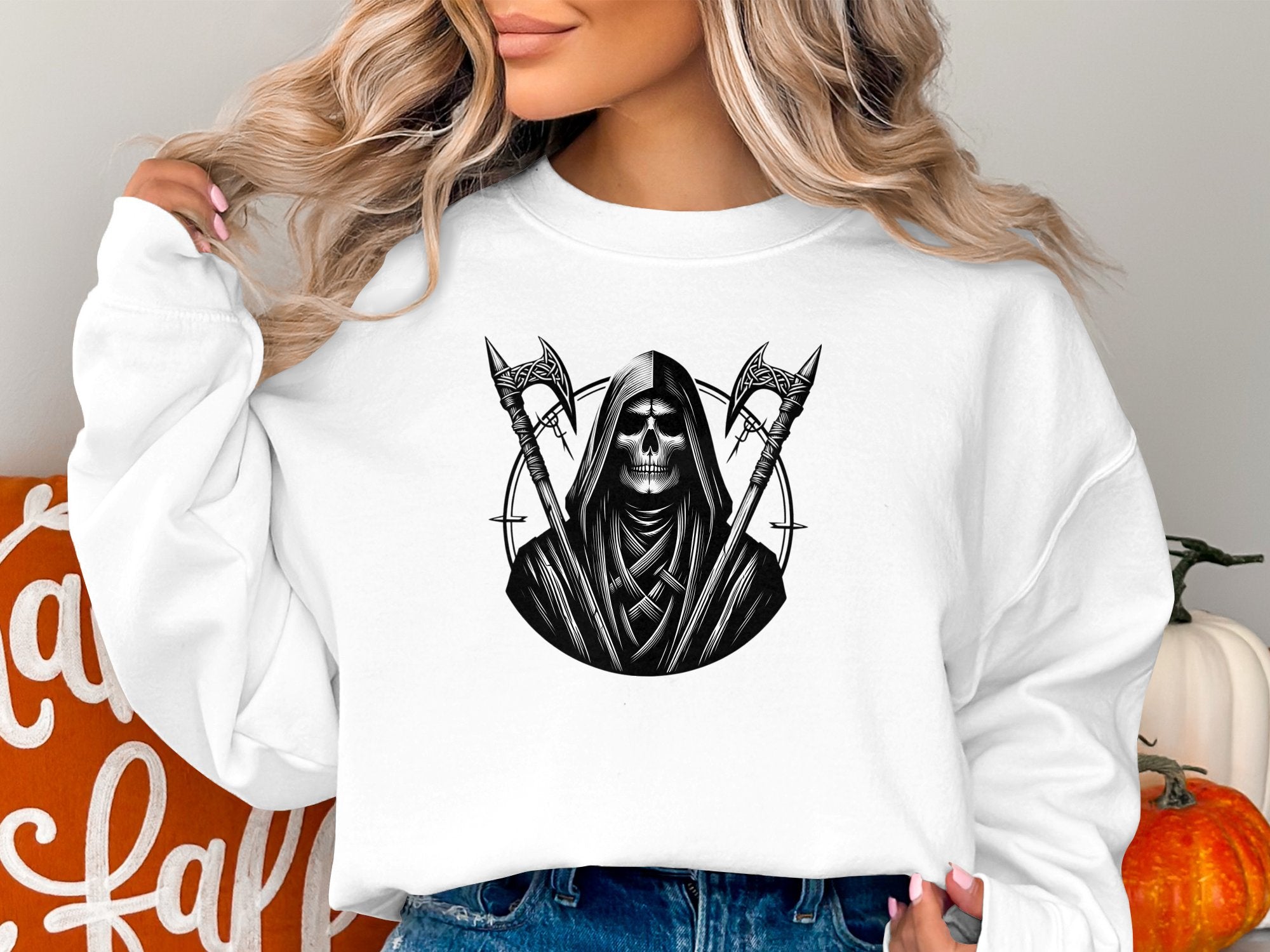 Grim Reaper - Black White Gildan Sweatshirt Commemorative Talisman Unisex Tee Graphic Design