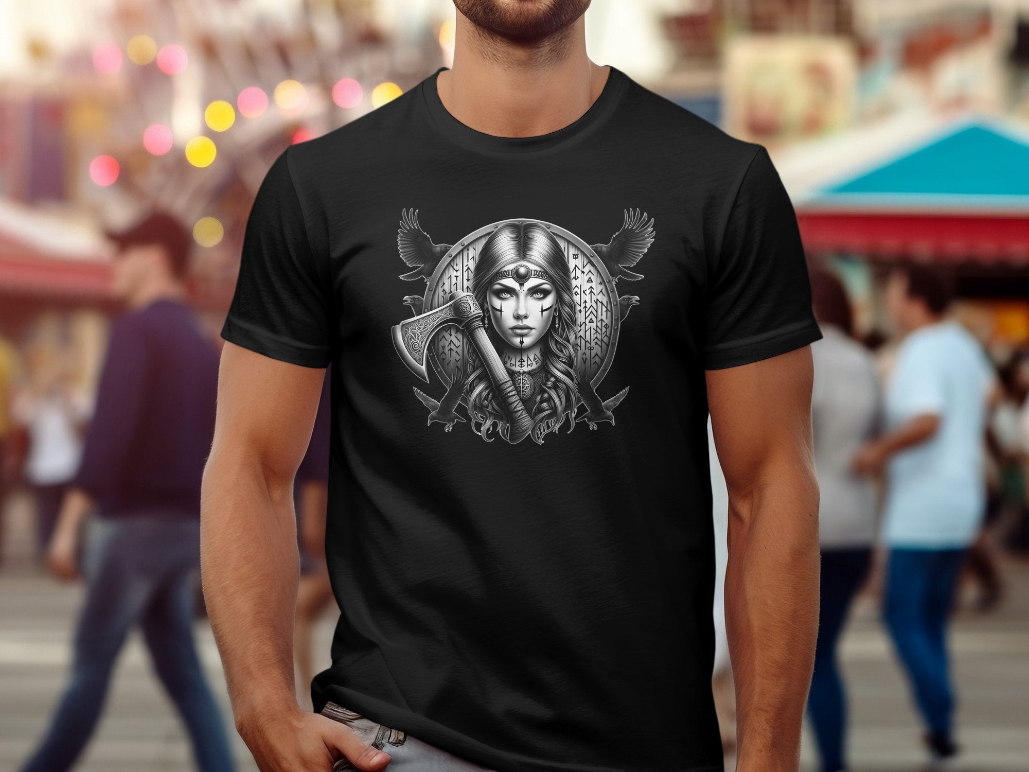 Viking Shield Maiden - Coloured Gildan T Shirt Realistic Norse Talisman Men Women Unisex Valhalla Tee Graphic Design