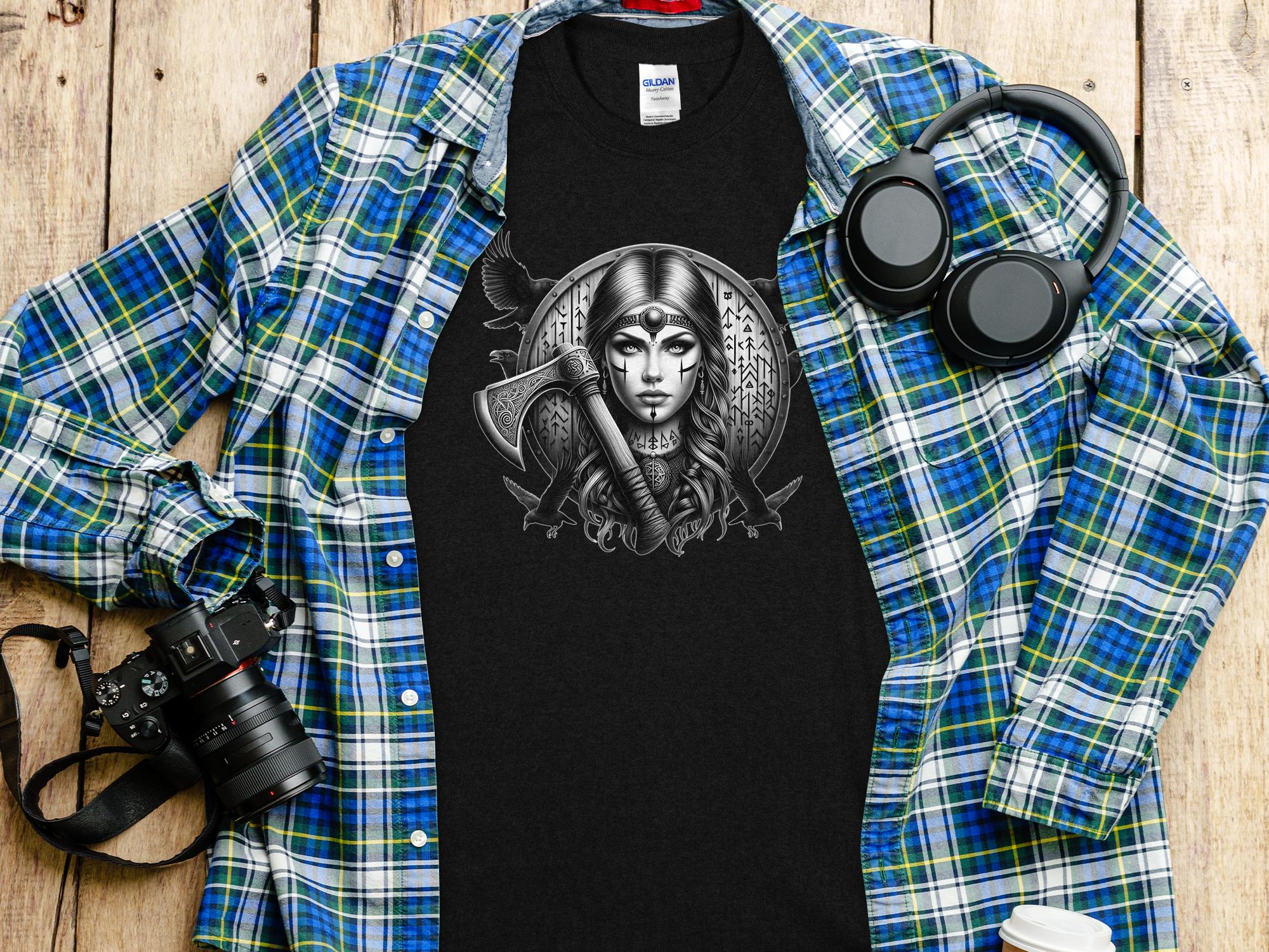 Viking Shield Maiden - Coloured Gildan T Shirt Realistic Norse Talisman Men Women Unisex Valhalla Tee Graphic Design