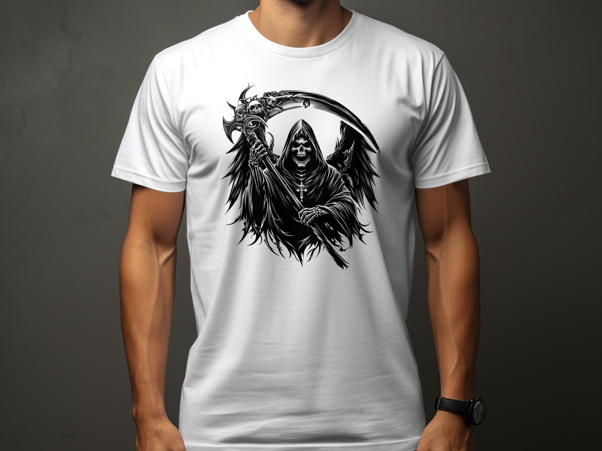 Grim Reaper - Black White Gildan T-Shirt Commemorative Talisman Unisex Tee Graphic Design