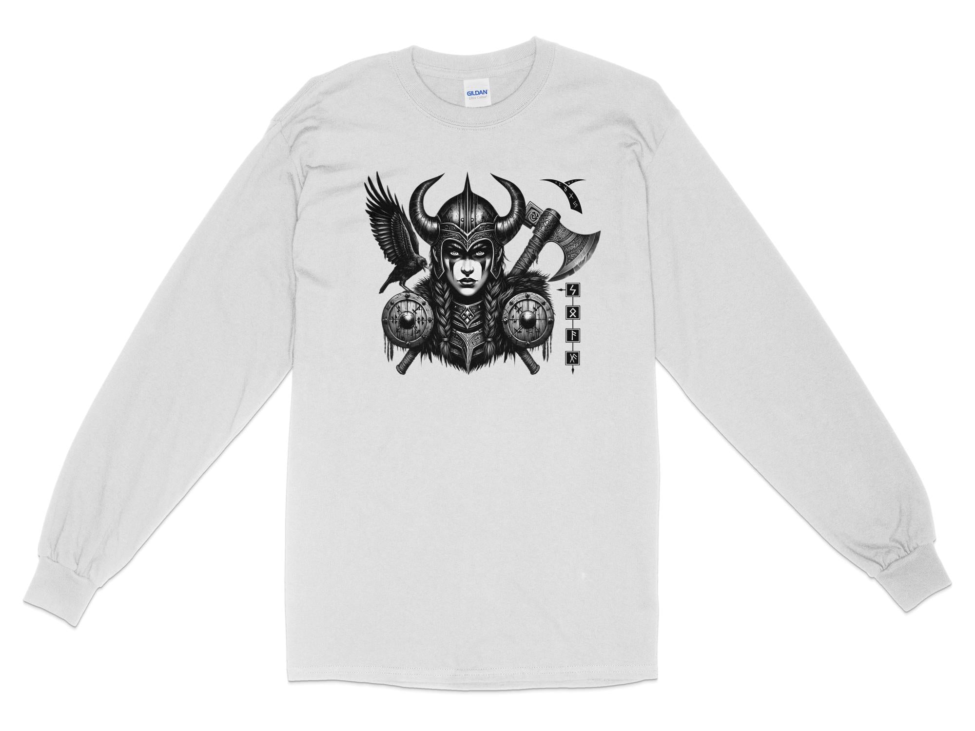 Viking Shield Maiden - Coloured Gildan Long Sleeve Realistic Norse Talisman Men Women Unisex Valhalla Tee Graphic Design