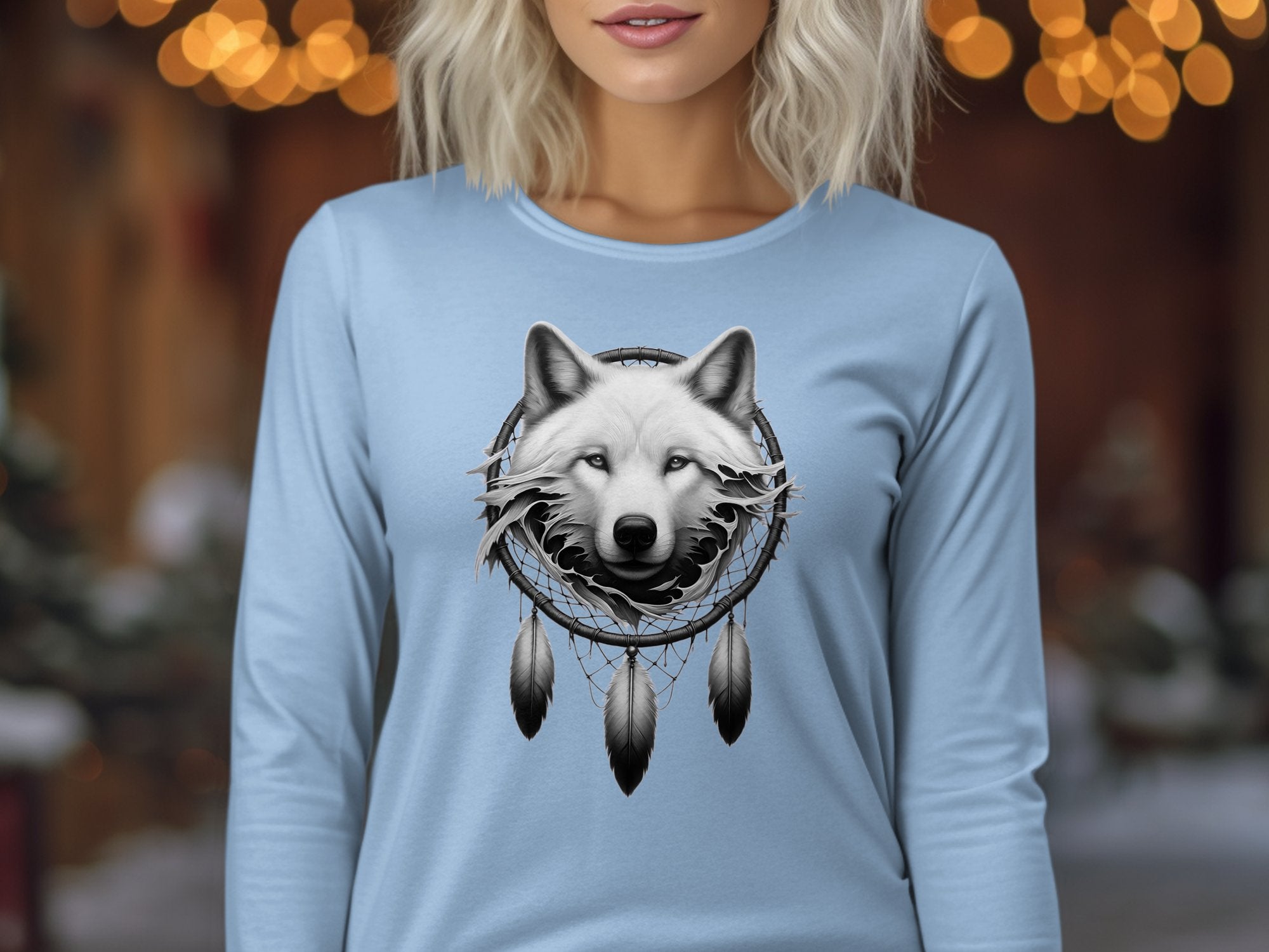 Dreamcatcher Wolf - Coloured Gildan Long Sleeve Realistic Native American Talisman Unisex Mythology Tee Graphic Design