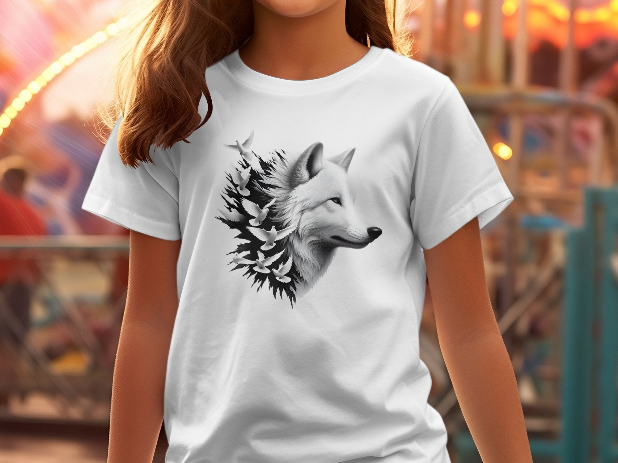 Wolf x Doves - Black White Gildan Kids T-Shirt Realistic Animal Talisman Unisex Tee Graphic Design