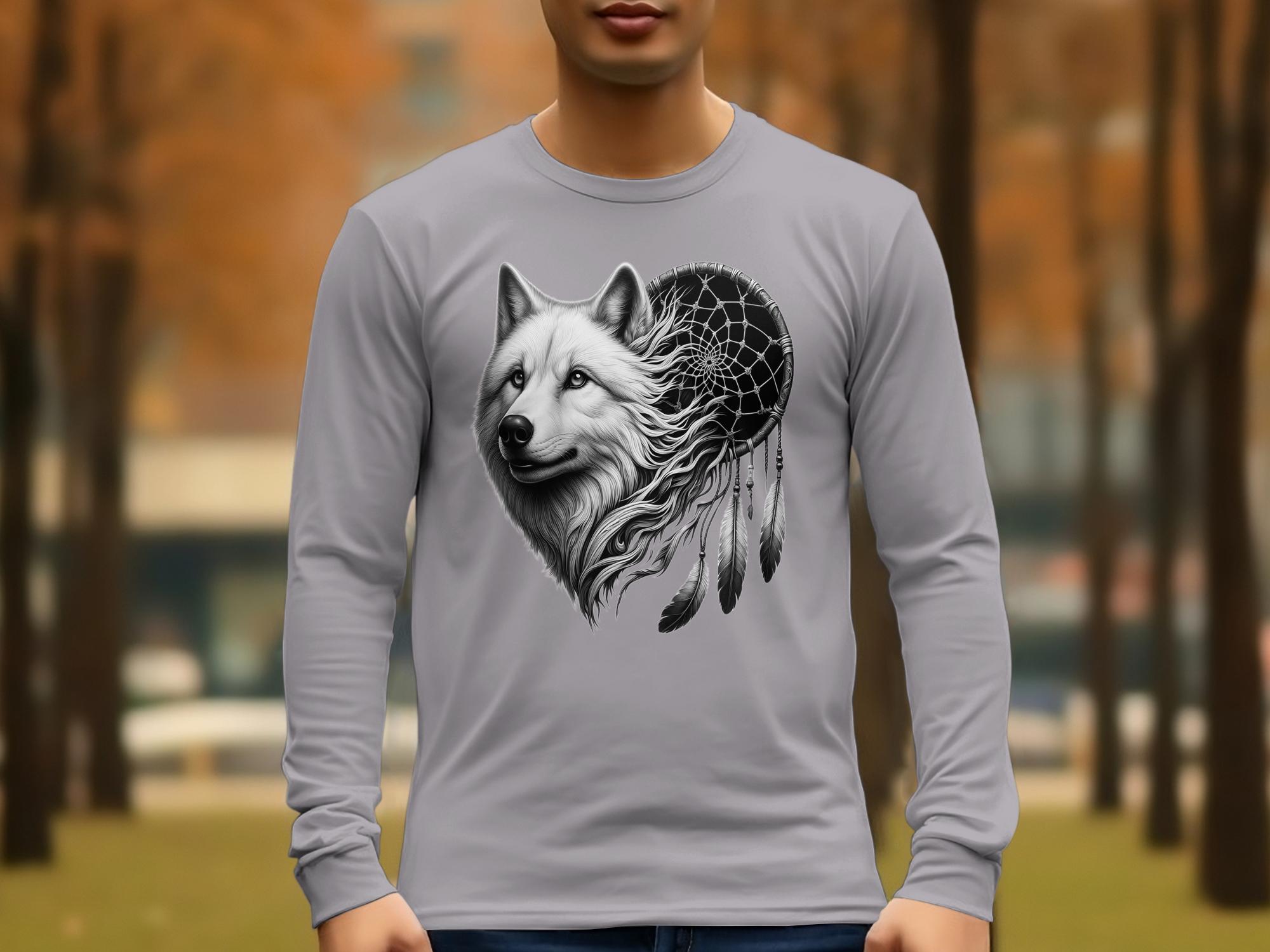 Dreamcatcher Wolf - Coloured Gildan Long Sleeve Realistic Native American Talisman Unisex Mythology Tee Graphic Design