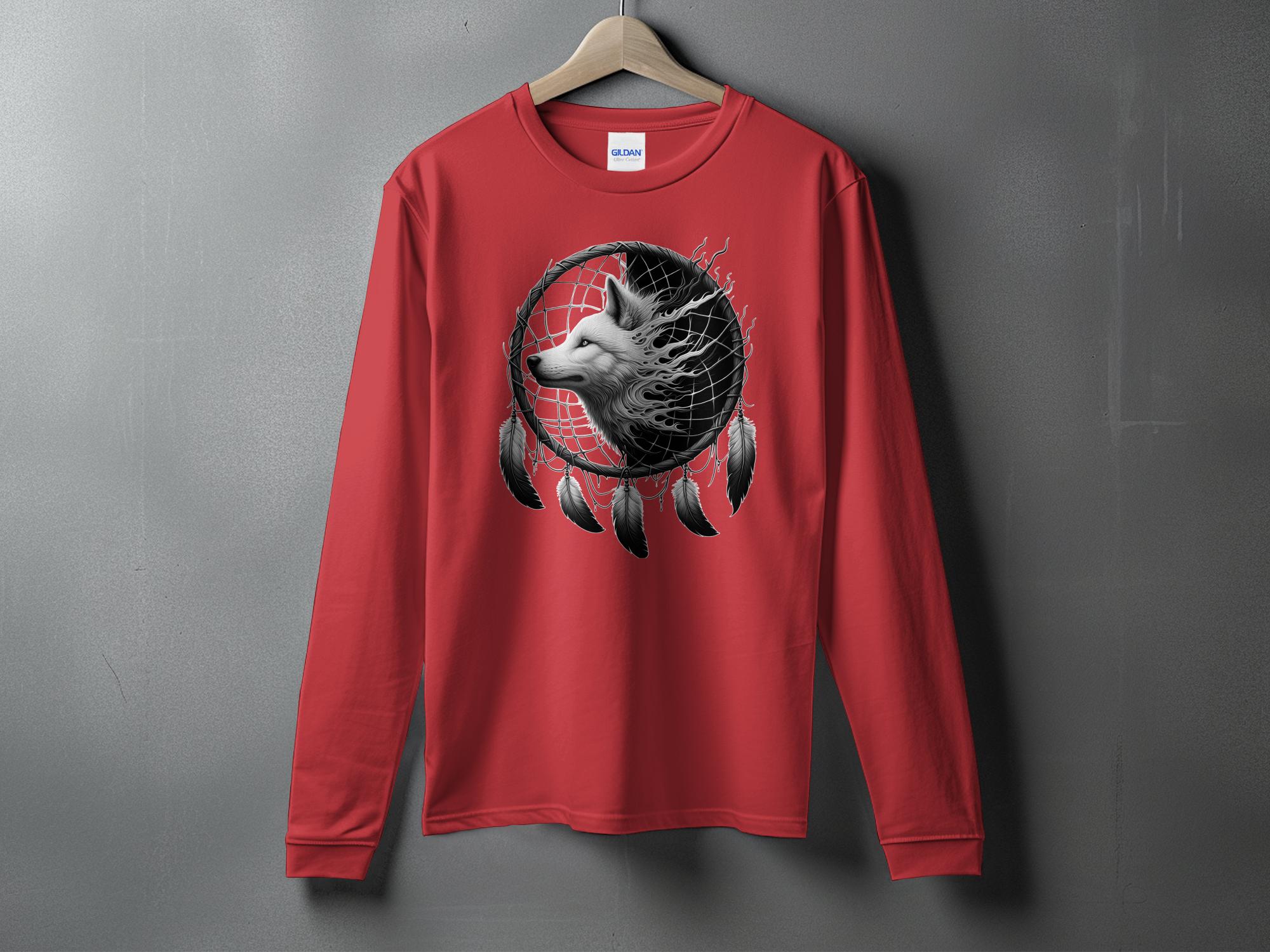 Dreamcatcher Wolf - Coloured Gildan Long Sleeve Realistic Native American Talisman Unisex Mythology Tee Graphic Design