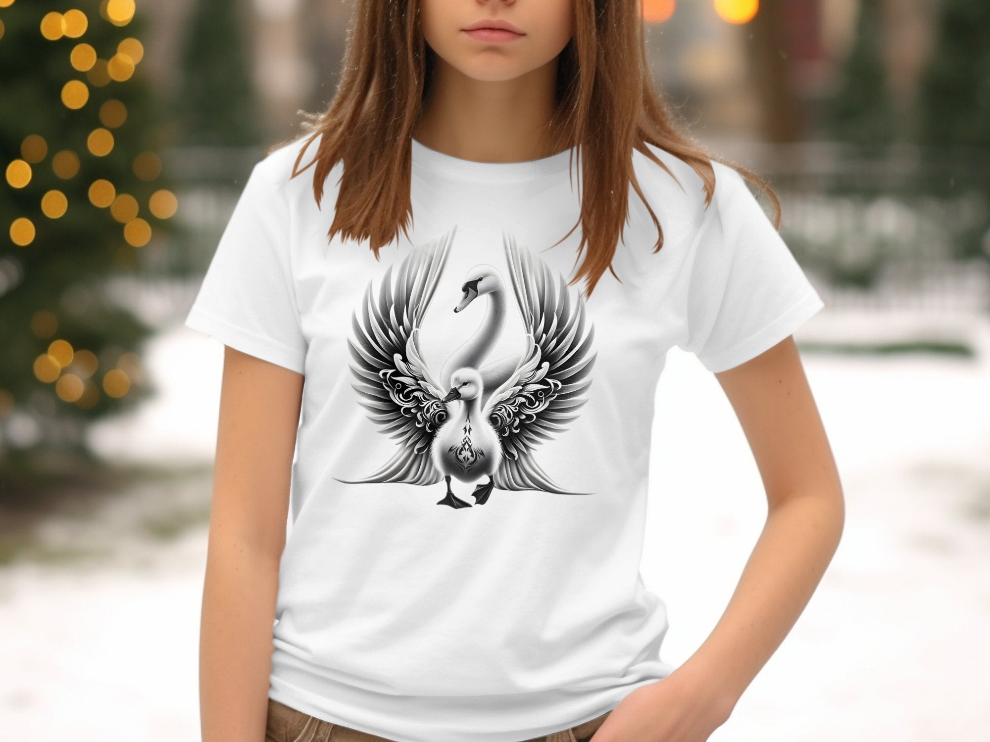 Swan & Cygnet- Black White Gildan Kids T-Shirt Realistic Family Talisman Unisex Tee Graphic Design