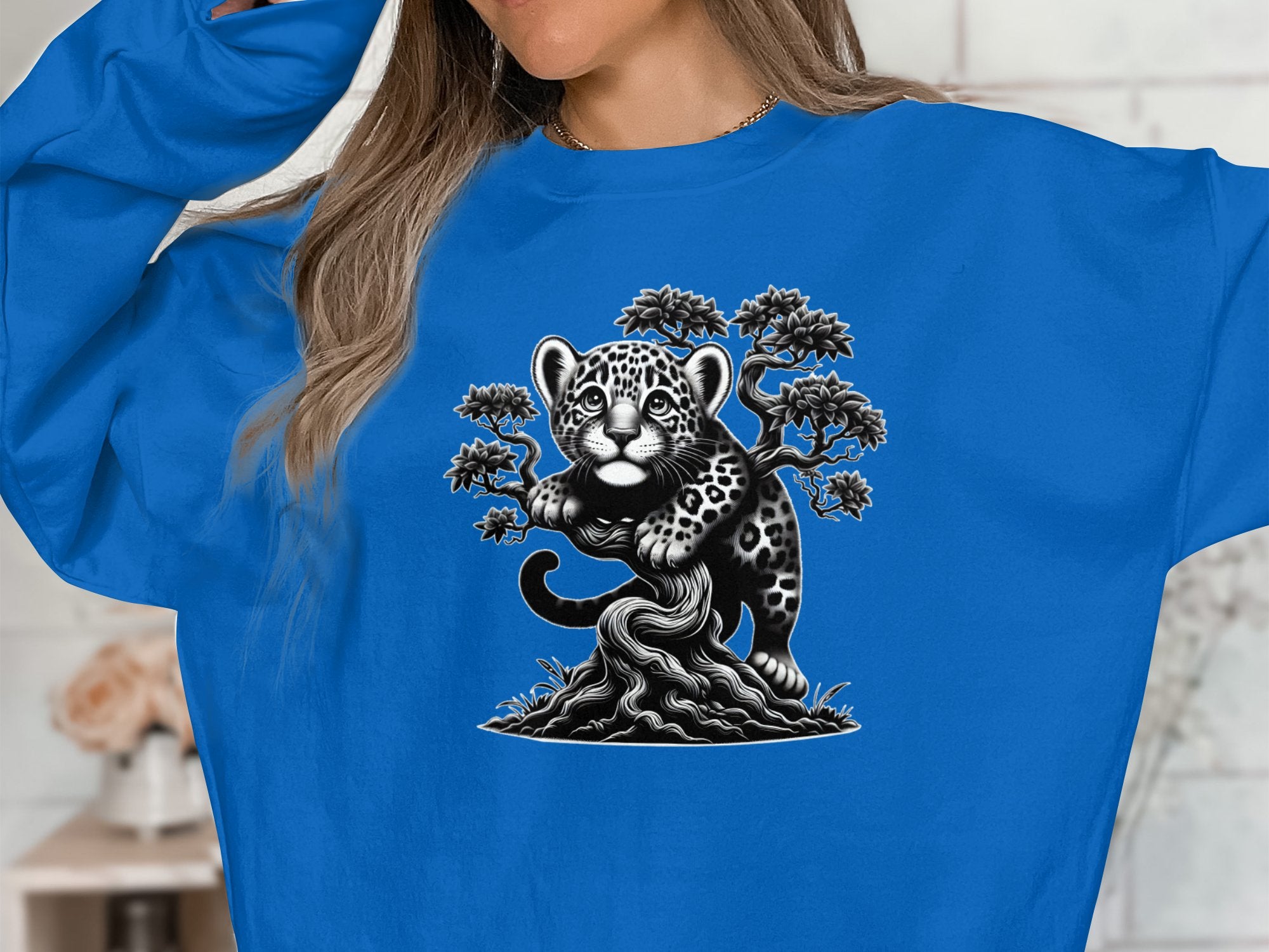 Leopard Bonsai - Coloured Gildan Sweatshirt Realistic Animal Talisman Unisex Cute Tee Graphic Design